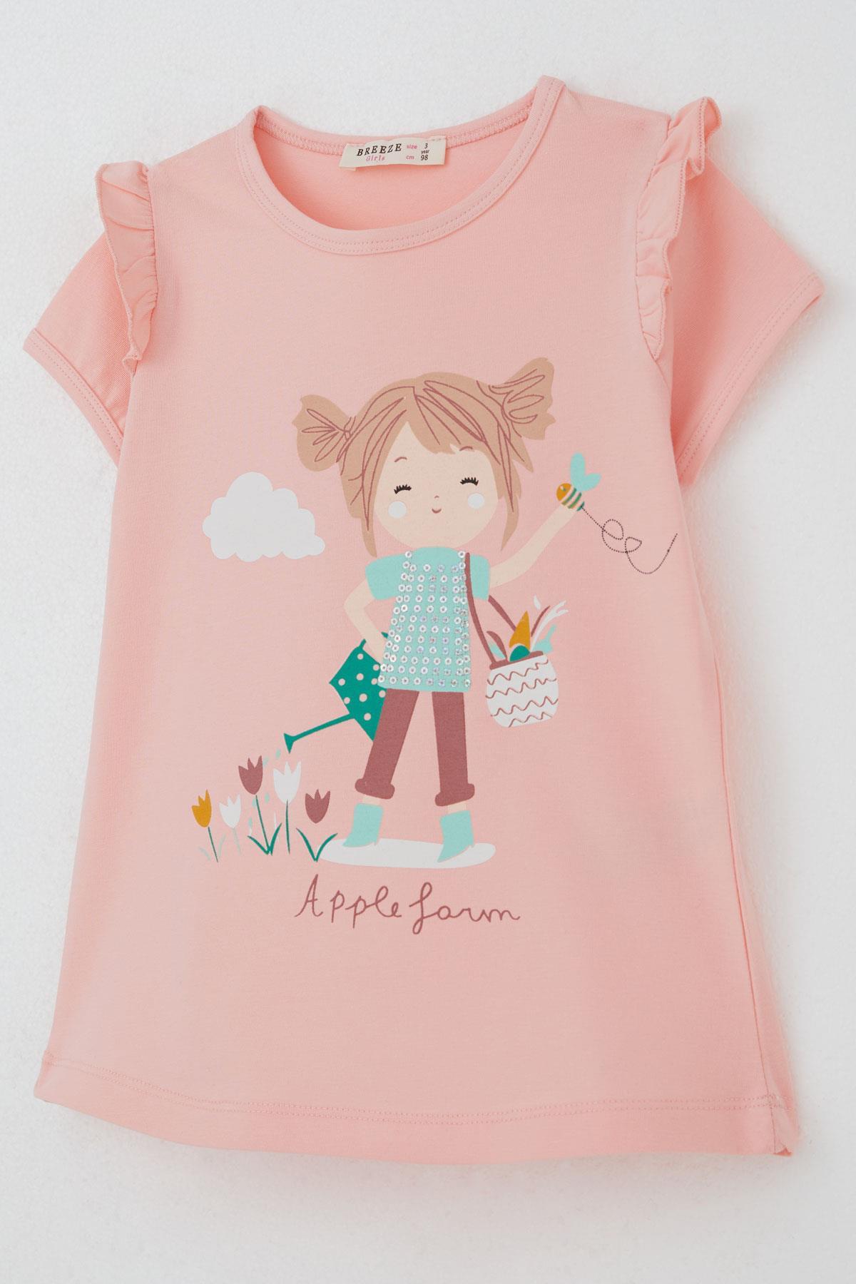 Breeze Kız Çocuk Kapri Taytlı Takım Çiftçi Kız Baskılı Somon (1-4 Yaş)