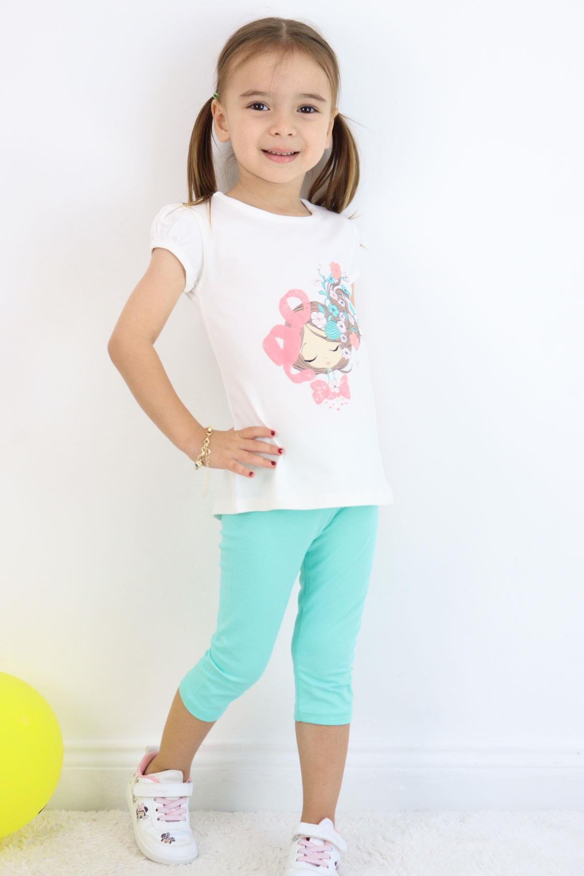 Breeze Kız Çocuk Kapri Taytlı Takım Çiçekli Kız Baskılı Ekru (1.5-5 Yaş)