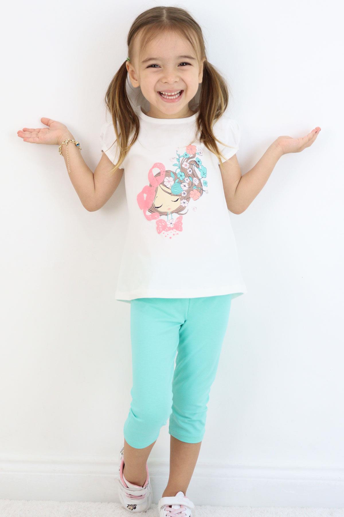 Breeze Kız Çocuk Kapri Taytlı Takım Çiçekli Kız Baskılı Ekru (1.5-5 Yaş)