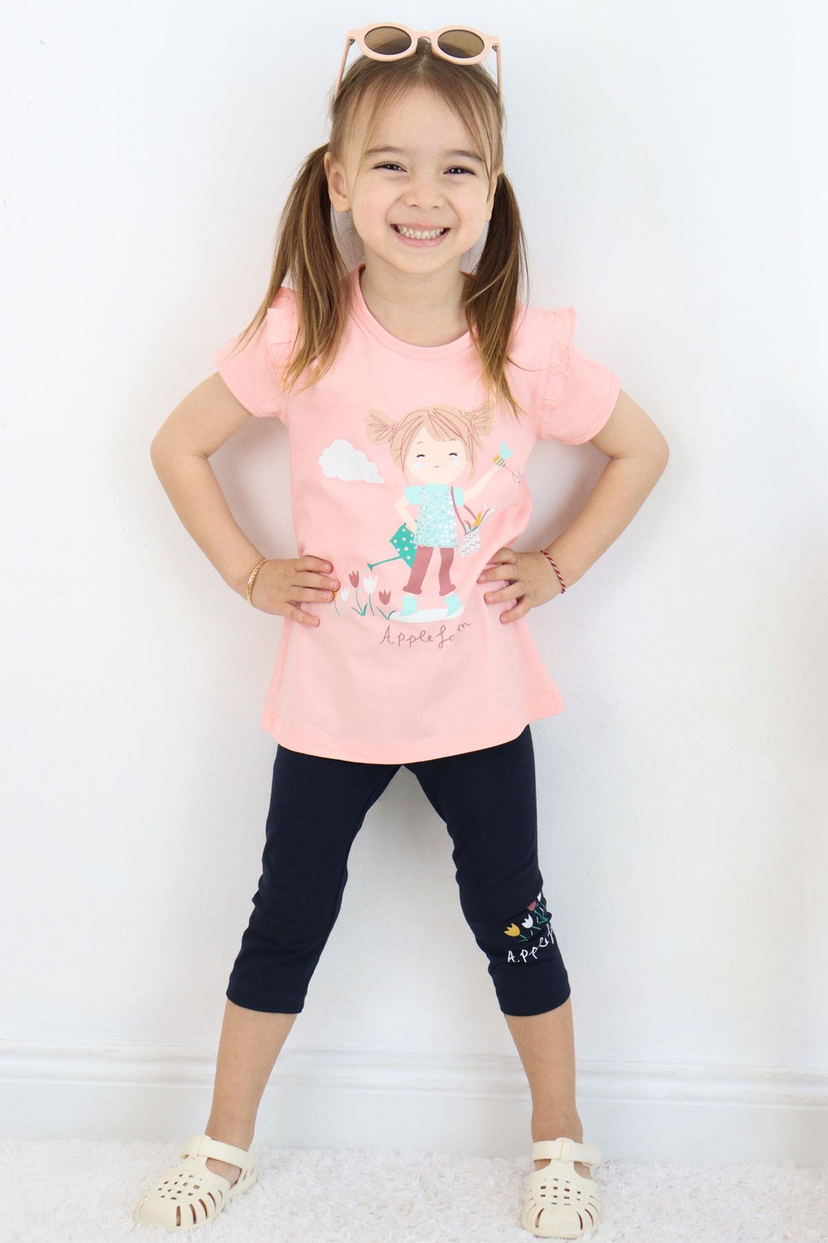 Breeze Kız Çocuk Kapri Taytlı Takım Çiftçi Kız Baskılı Somon (1-4 Yaş)