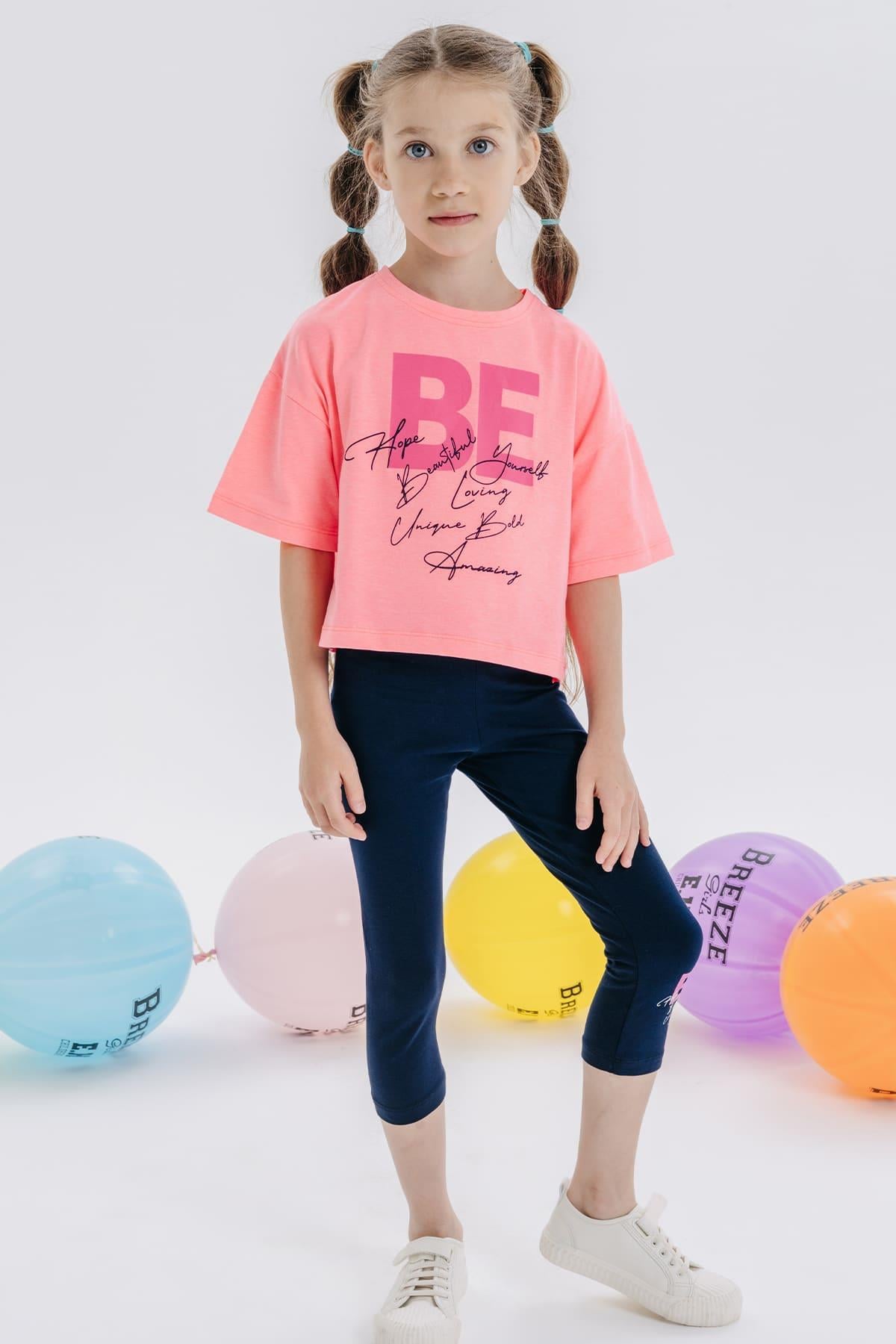 Breeze Kız Çocuk Kapri Taytlı Takım Crop Yazı Baskılı Neon Pembe (8-14 Yaş)