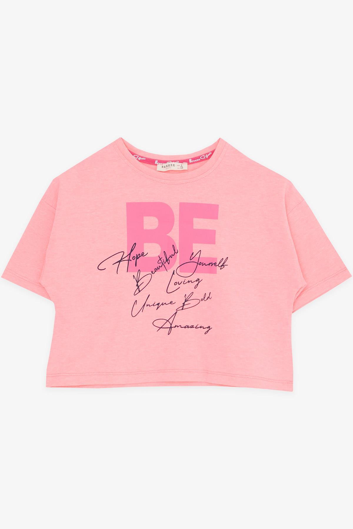 Breeze Kız Çocuk Kapri Taytlı Takım Crop Yazı Baskılı Neon Pembe (8-14 Yaş)