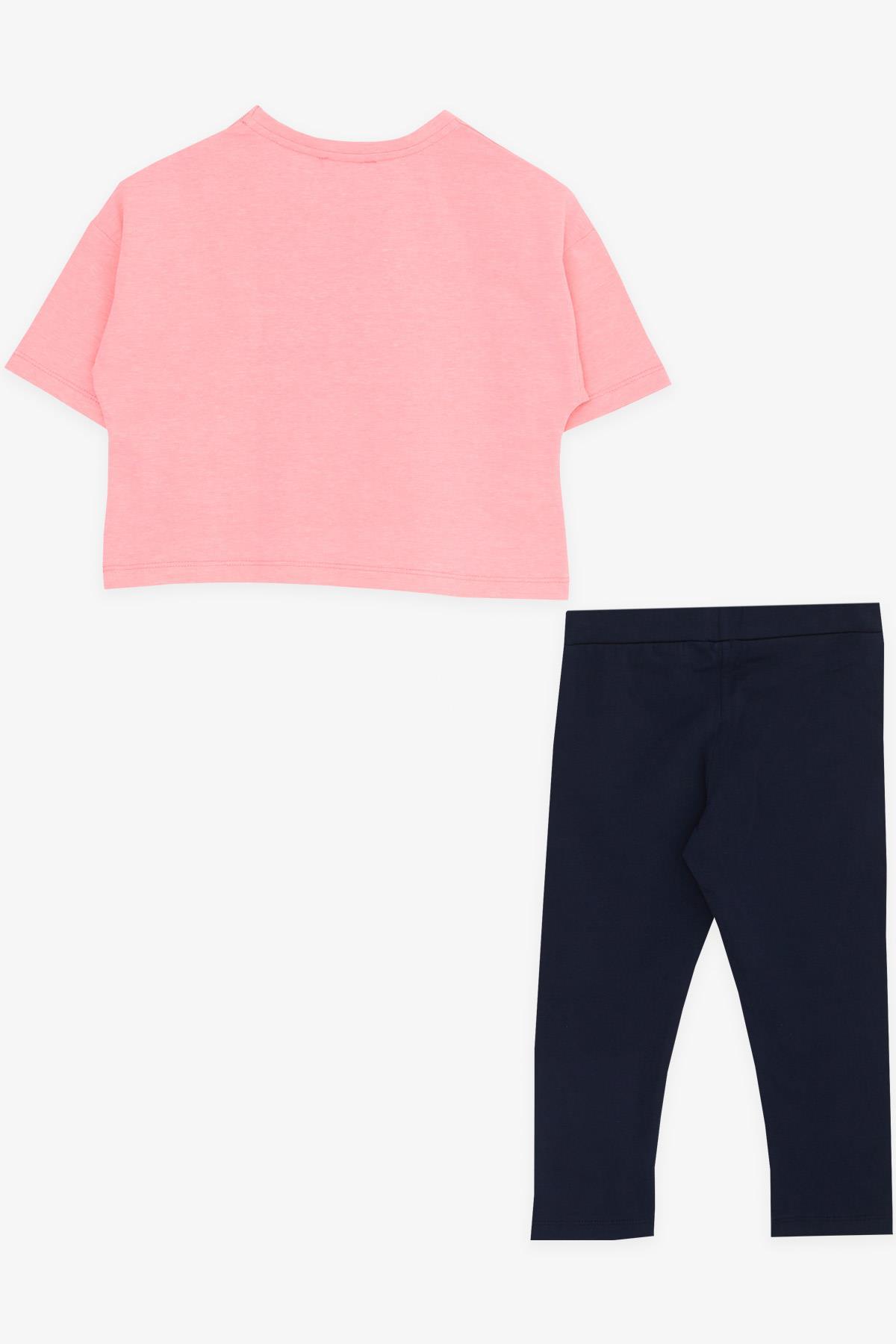 Breeze Kız Çocuk Kapri Taytlı Takım Crop Yazı Baskılı Neon Pembe (8-14 Yaş)