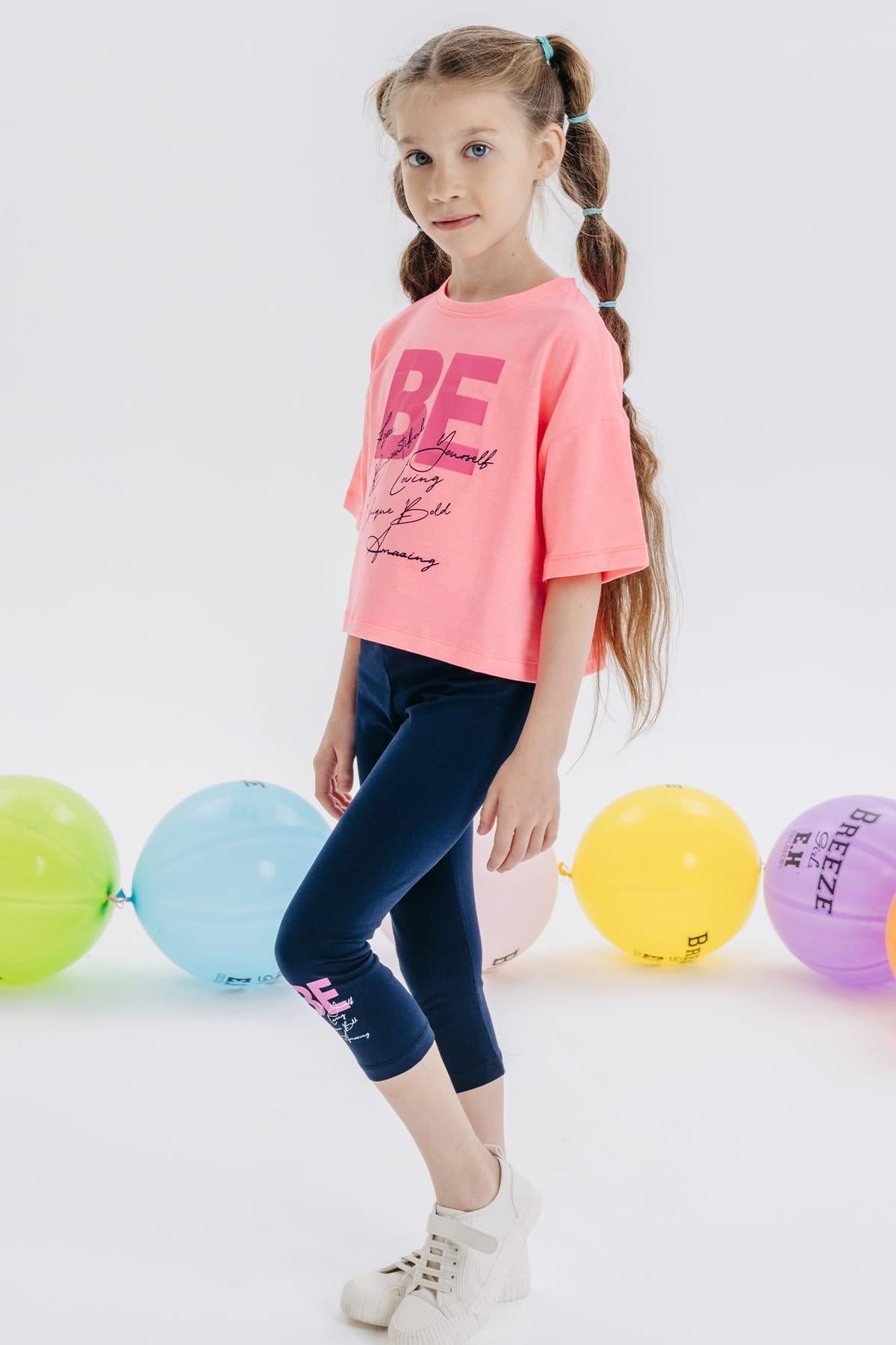 Breeze Kız Çocuk Kapri Taytlı Takım Crop Yazı Baskılı Neon Pembe (8-14 Yaş)