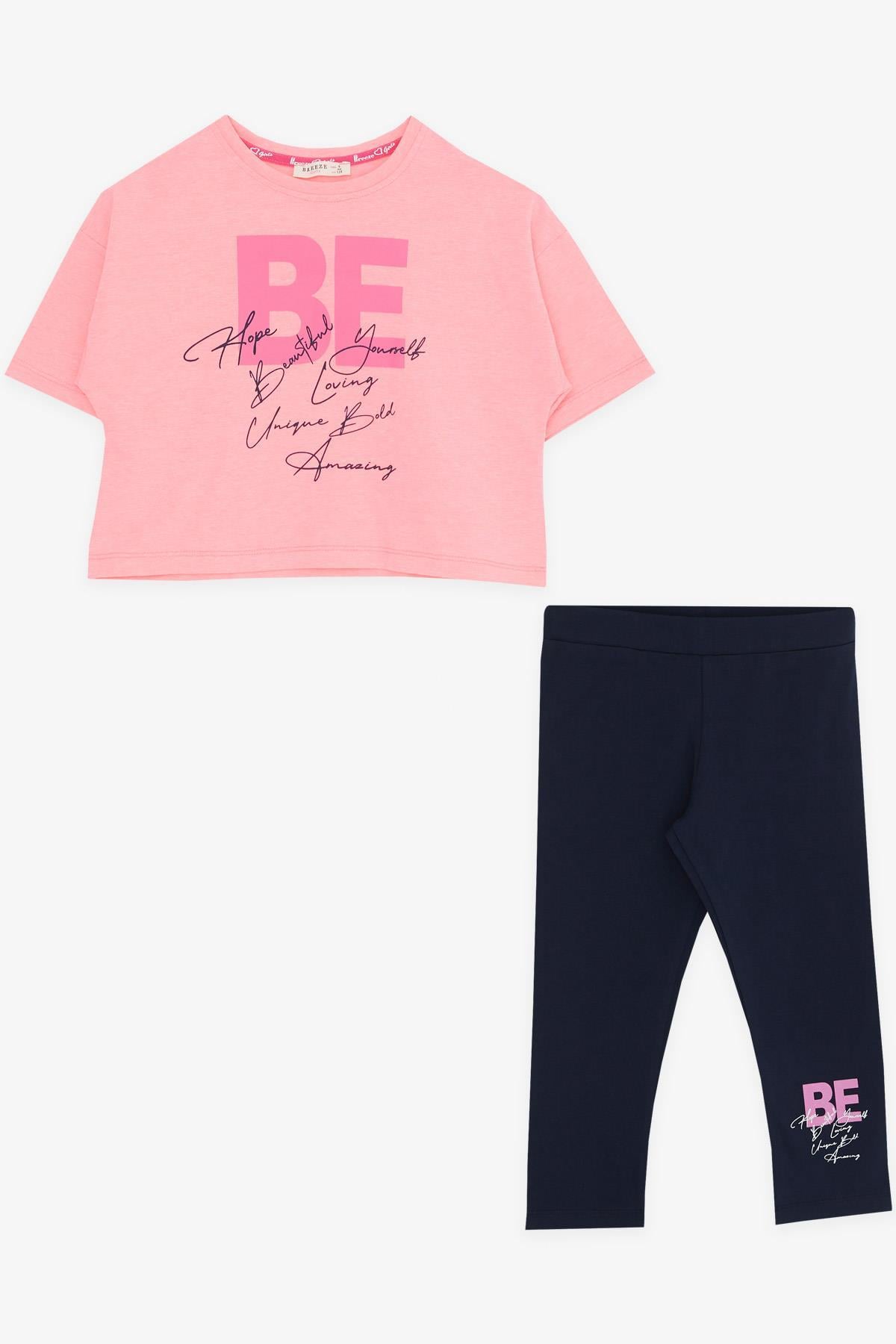 Breeze Kız Çocuk Kapri Taytlı Takım Crop Yazı Baskılı Neon Pembe (8-14 Yaş)