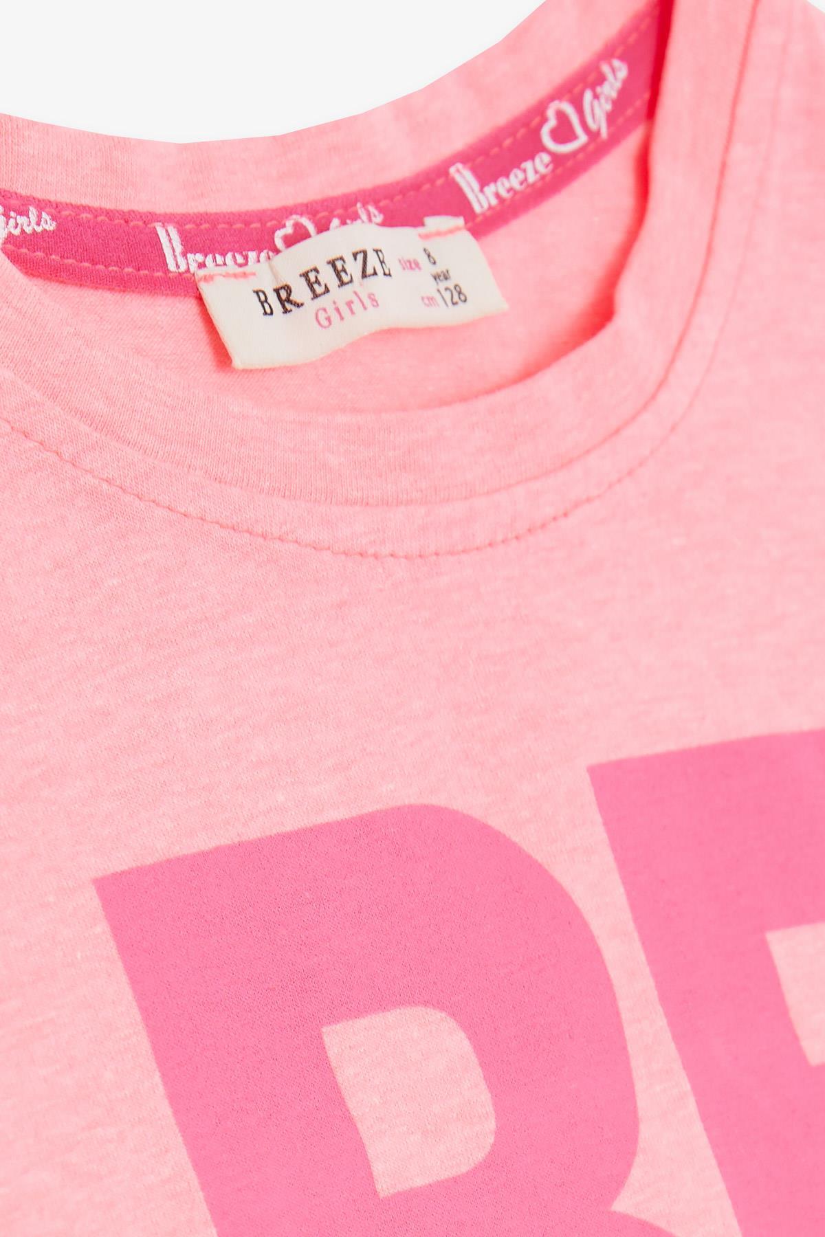 Breeze Kız Çocuk Kapri Taytlı Takım Crop Yazı Baskılı Neon Pembe (8-14 Yaş)
