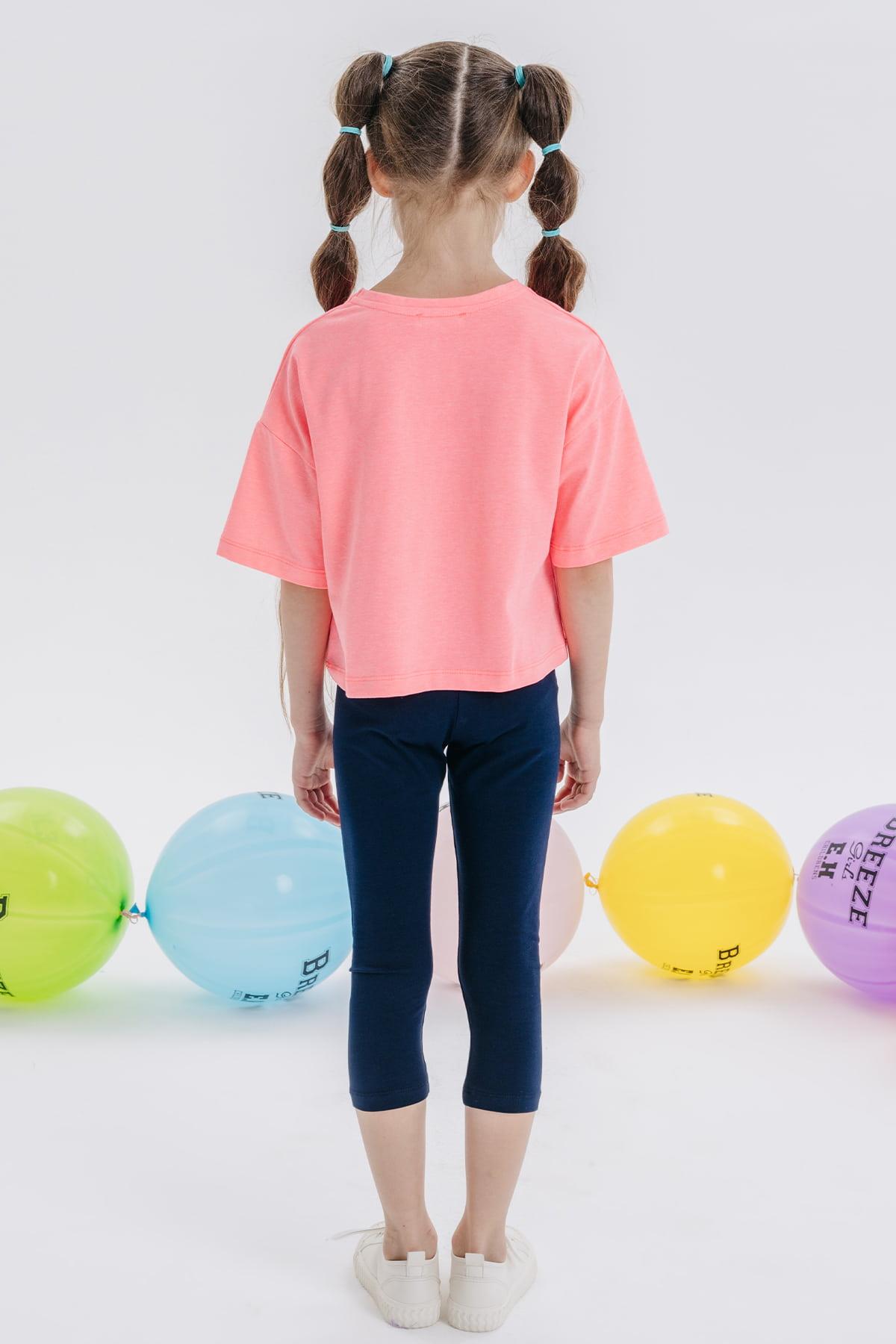 Breeze Kız Çocuk Kapri Taytlı Takım Crop Yazı Baskılı Neon Pembe (8-14 Yaş)
