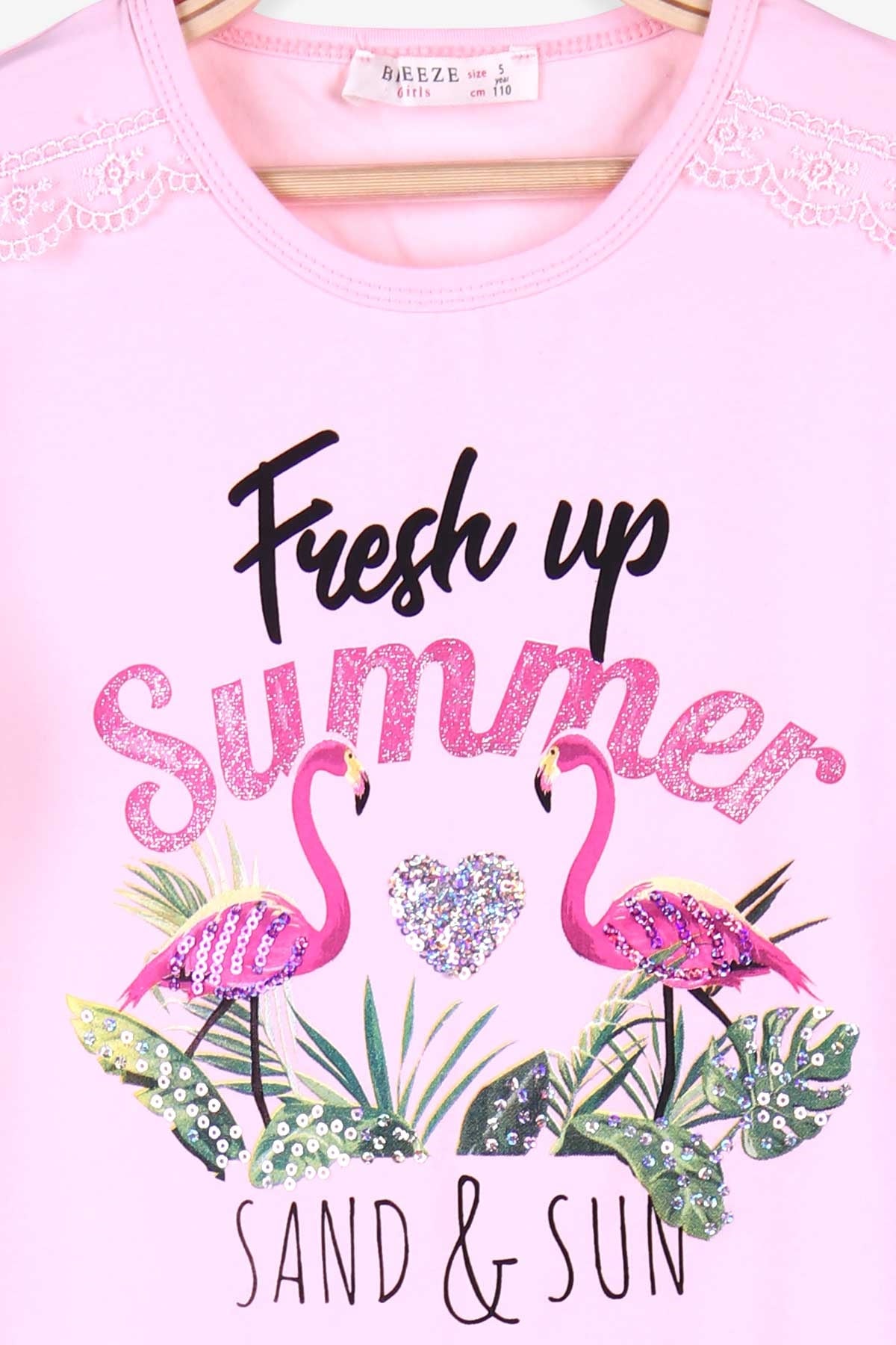 Breeze Kız Çocuk Kapri Taytlı Takım Flamingosu Pullu Yazısı Simli Pembe (5 Yaş)