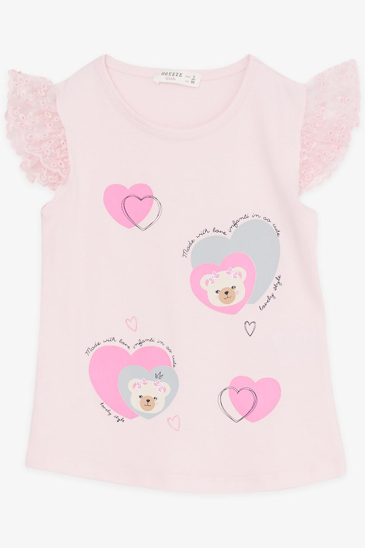 Breeze Kız Çocuk Kapri Taytlı Takım Kolları Nakış Güpürlü Ayıcık Baskılı Pembe (1.5-5 Yaş)