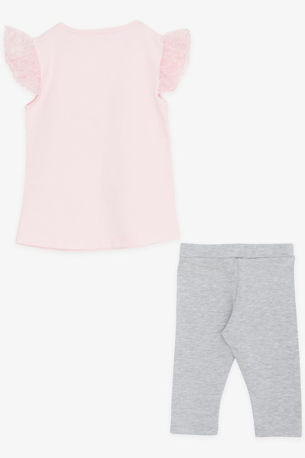 Breeze Kız Çocuk Kapri Taytlı Takım Kolları Nakış Güpürlü Ayıcık Baskılı Pembe (1.5-5 Yaş)