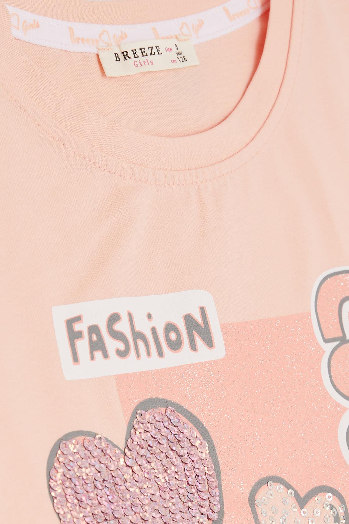 Breeze Kız Çocuk Kapri Taytlı Takım Pullu Simli Yazı Baskılı Somon (5-10 Yaş)