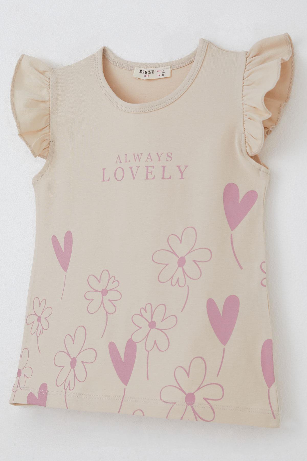 Breeze Kız Çocuk Kapri Taytlı Takım Sevgi Temalı Çiçek Baskılı Bej (3-8 Yaş)
