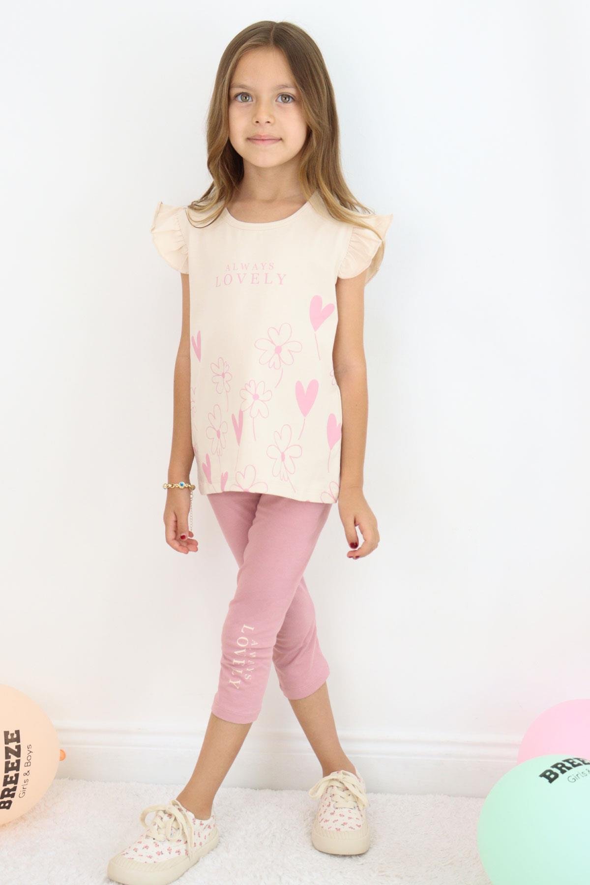 Breeze Kız Çocuk Kapri Taytlı Takım Sevgi Temalı Çiçek Baskılı Bej (3-8 Yaş)