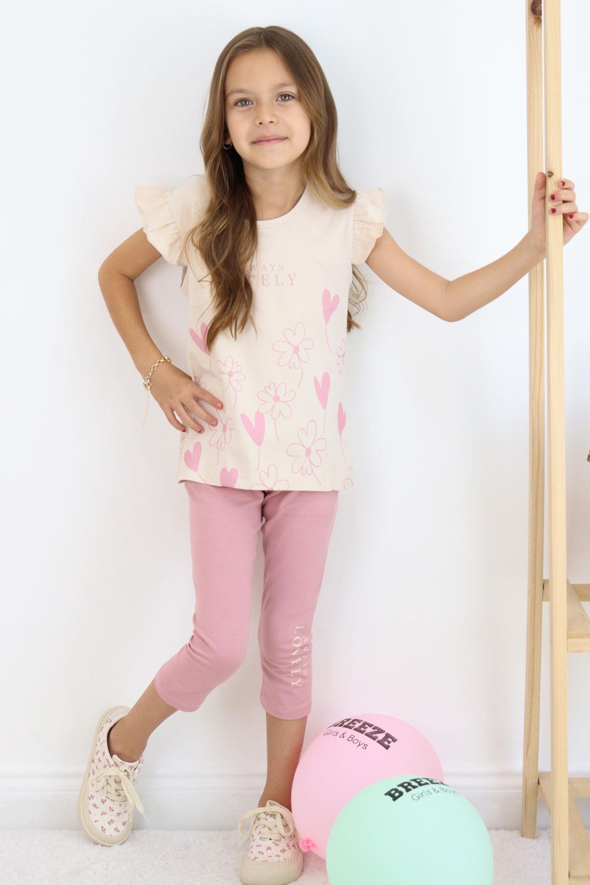 Breeze Kız Çocuk Kapri Taytlı Takım Sevgi Temalı Çiçek Baskılı Bej (3-8 Yaş)