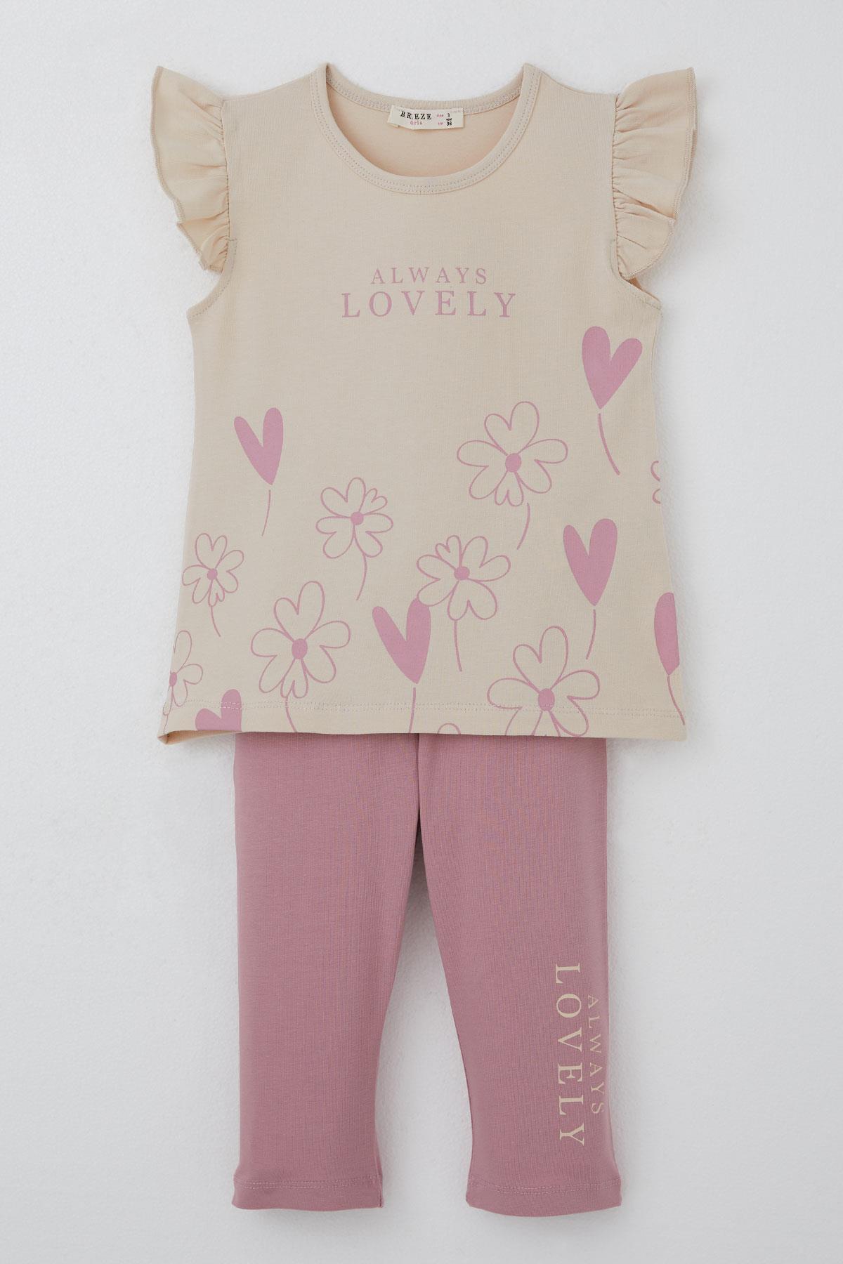 Breeze Kız Çocuk Kapri Taytlı Takım Sevgi Temalı Çiçek Baskılı Bej (3-8 Yaş)