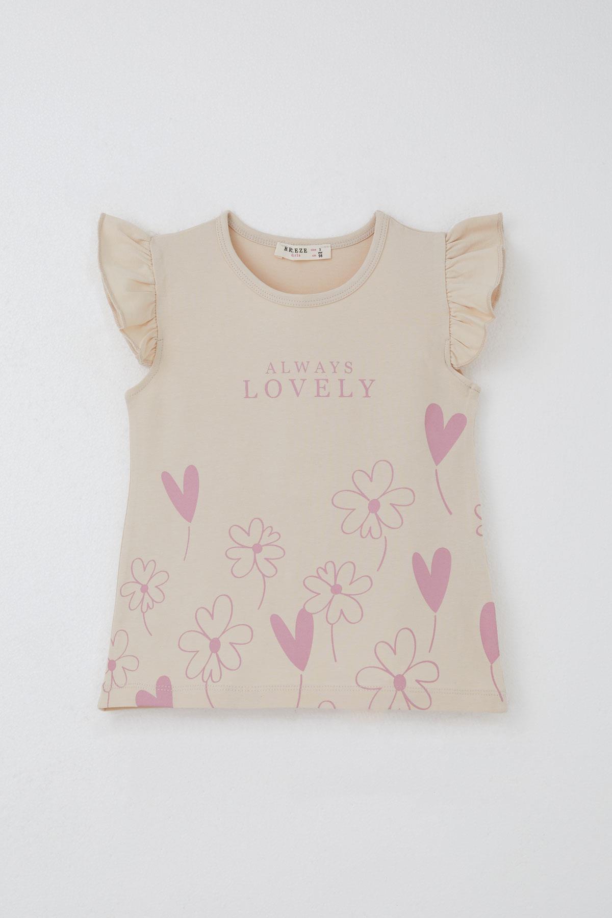 Breeze Kız Çocuk Kapri Taytlı Takım Sevgi Temalı Çiçek Baskılı Bej (3-8 Yaş)