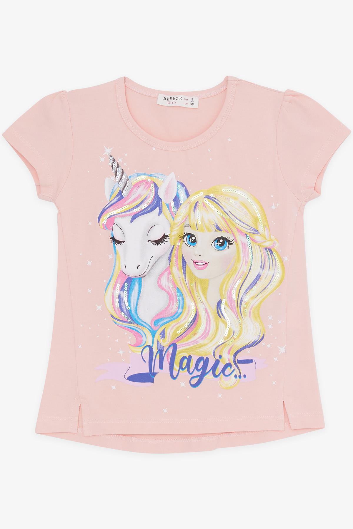 Breeze Kız Çocuk Kapri Taytlı Takım Unicorn Baskılı Somon (3-6 Yaş)