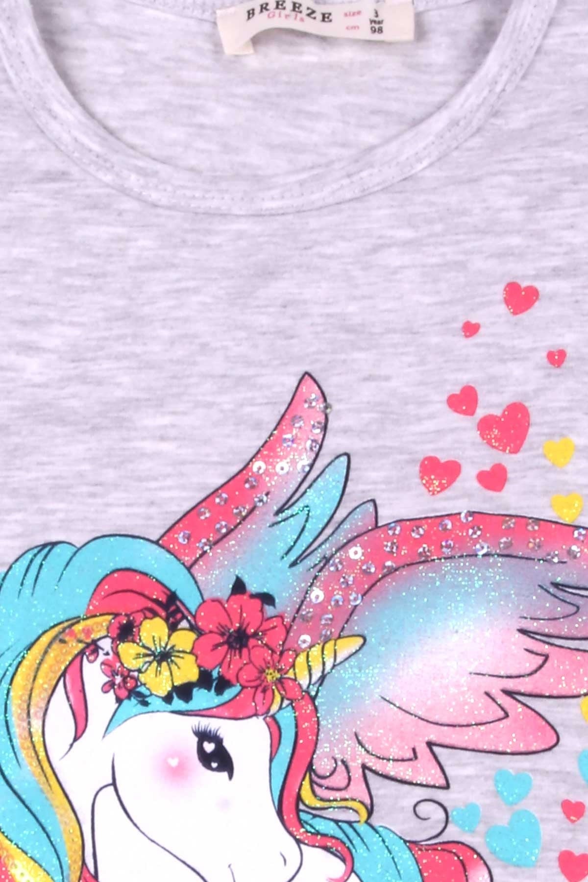 Breeze Kız Çocuk Kapri Taytlı Takım Unicorn Baskılı Açık Gri Melanj (2-4 Yaş)