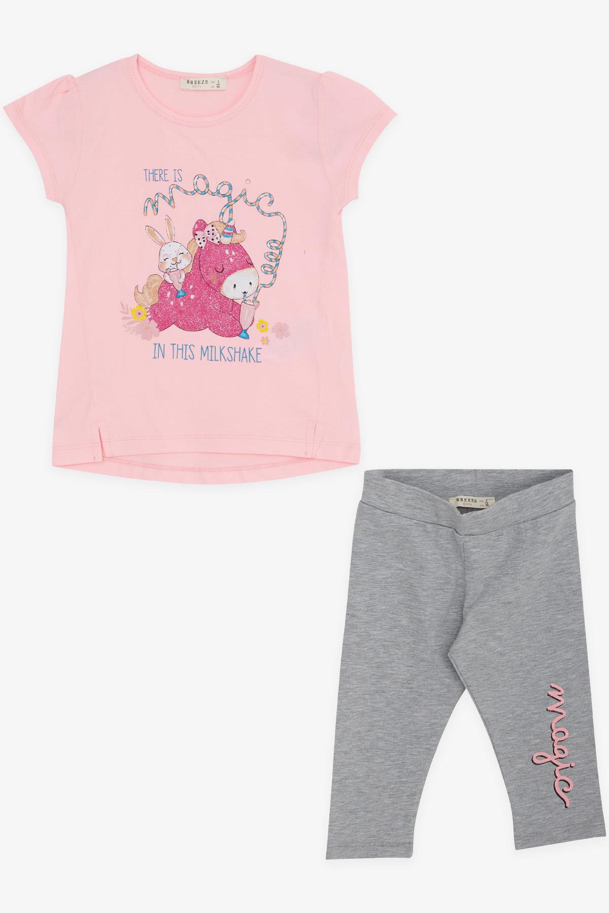 Breeze Kız Çocuk Kapri Taytlı Takım Unicorn Baskılı Pudra (1.5-5 Yaş)