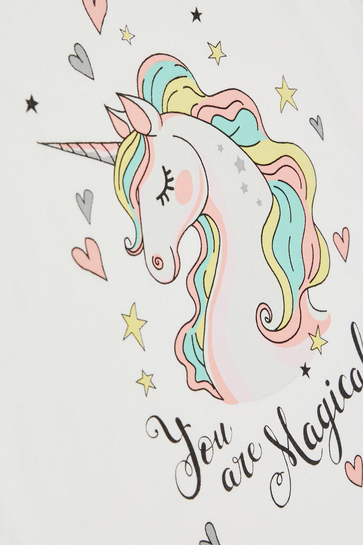 Breeze Kız Çocuk Kapri Taytlı Takım Unicorn Baskılı Ekru (1.5-5 Yaş)