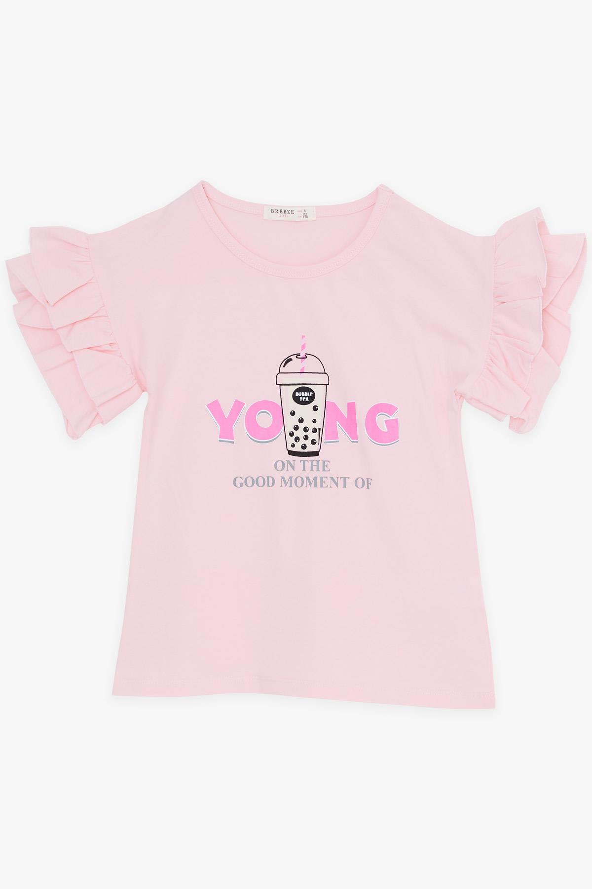 Breeze Kız Çocuk Kapri Taytlı Takım Yazı Baskılı Kolları Fırfırlı Pembe (5-10 Yaş)