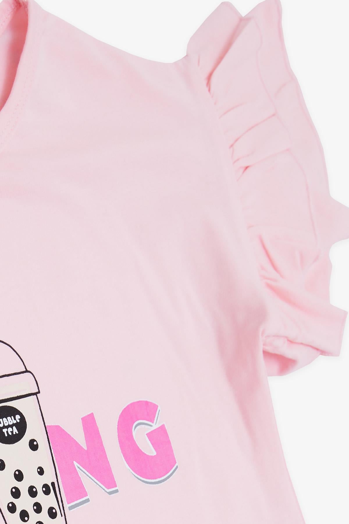 Breeze Kız Çocuk Kapri Taytlı Takım Yazı Baskılı Kolları Fırfırlı Pembe (5-10 Yaş)
