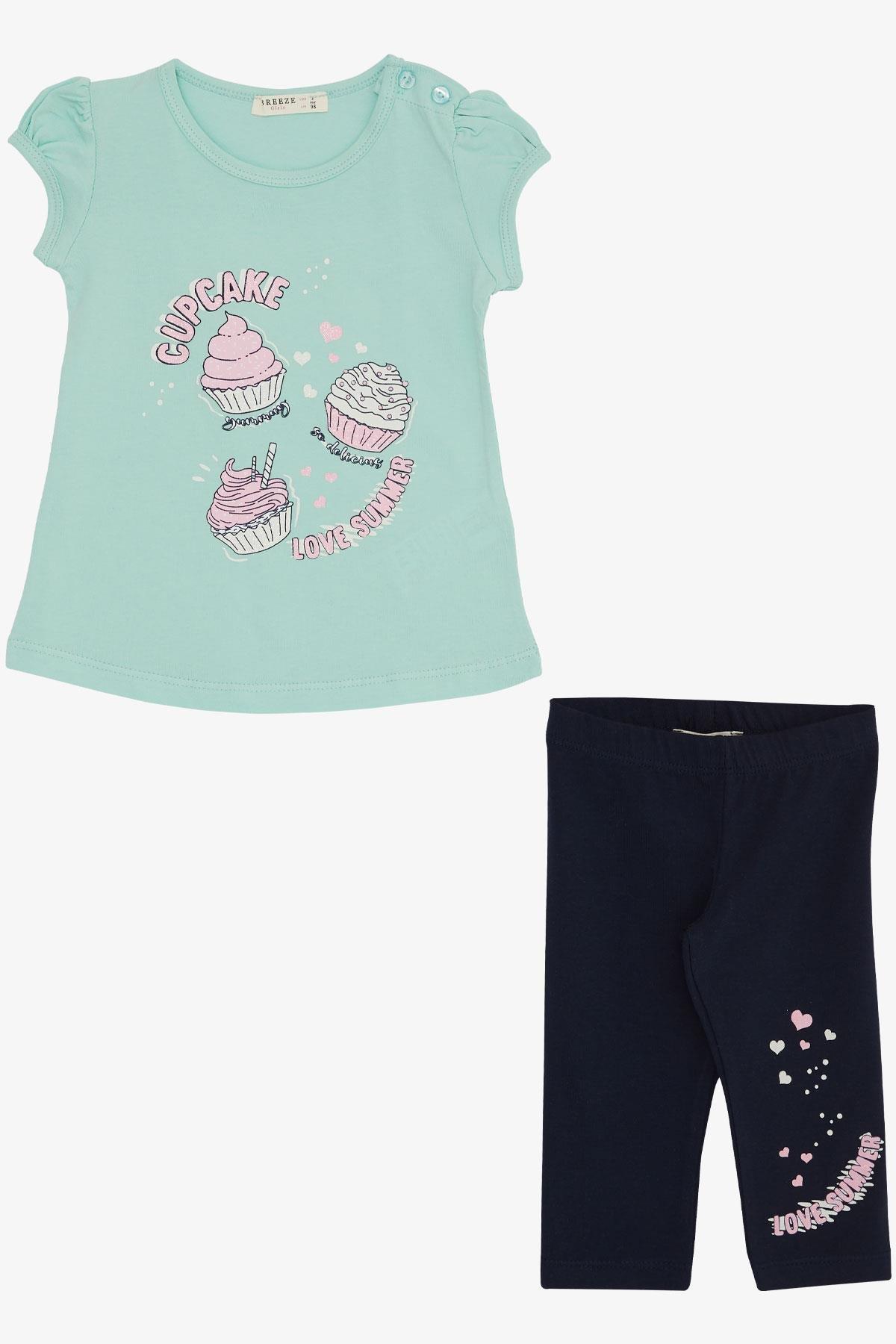 Breeze Kız Çocuk Kapri Taytlı Takım Yaz Temalı Cupcake Baskılı Su Yeşili (1.5-5 Yaş)