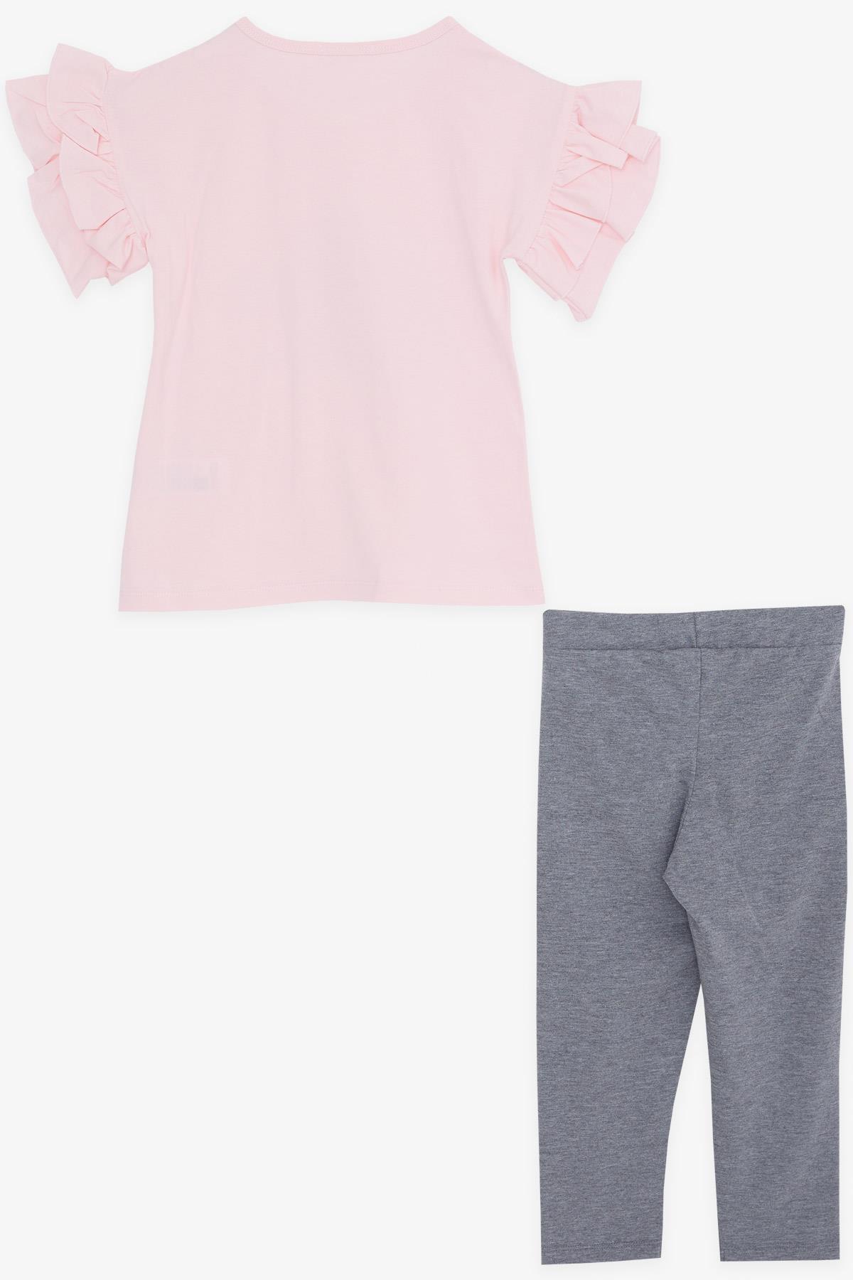 Breeze Kız Çocuk Kapri Taytlı Takım Yazı Baskılı Kolları Fırfırlı Pembe (5-10 Yaş)