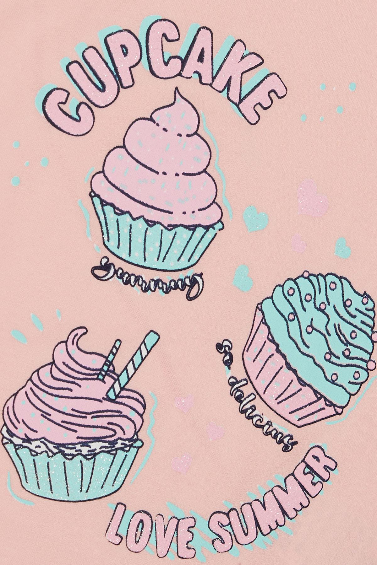 Breeze Kız Çocuk Kapri Taytlı Takım Yaz Temalı Cupcake Baskılı Pembe (1.5-5 Yaş)