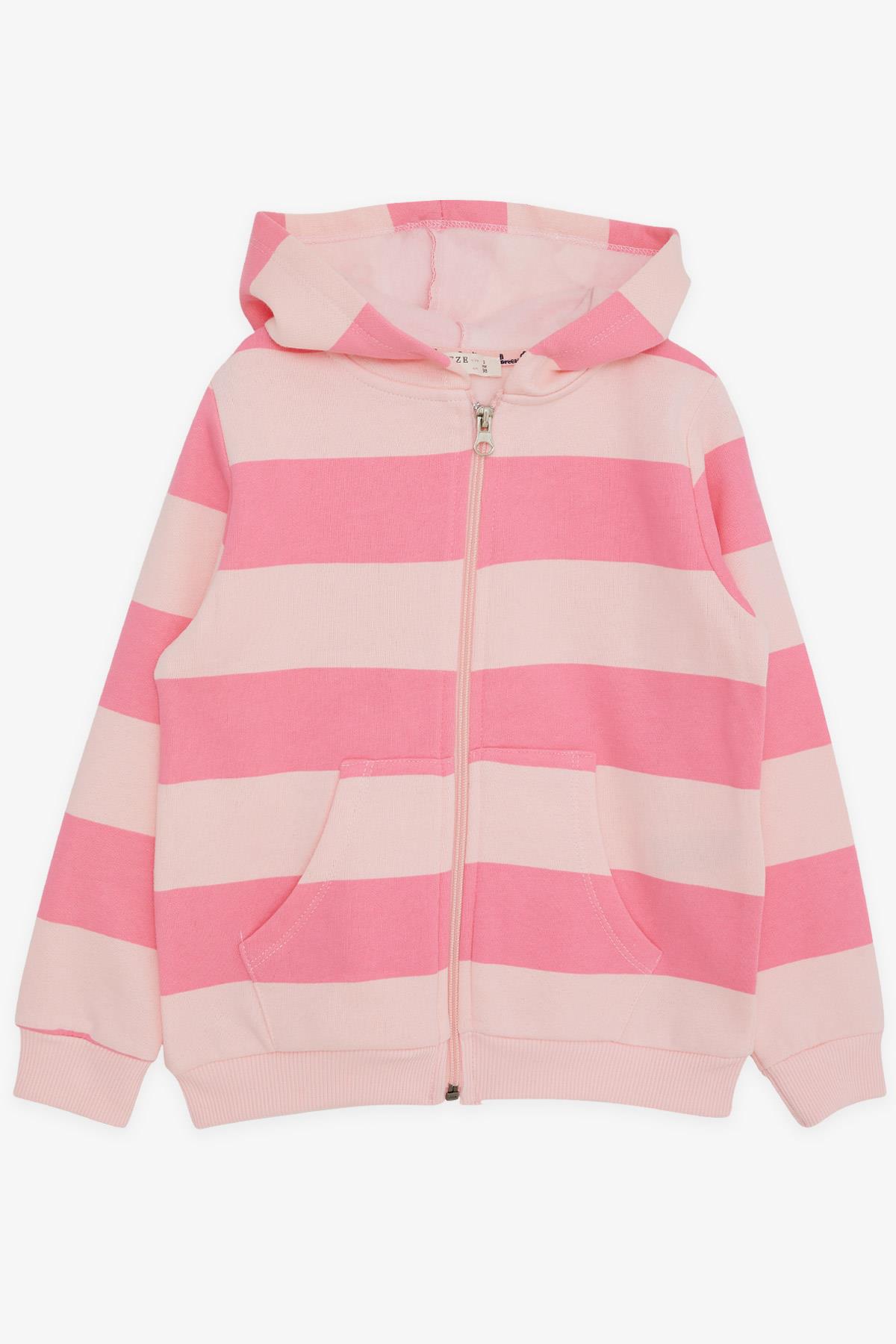 Breeze Kız Çocuk Kapüşonlu Hırka Çizgili Cepli Pembe (3-7 Yaş)
