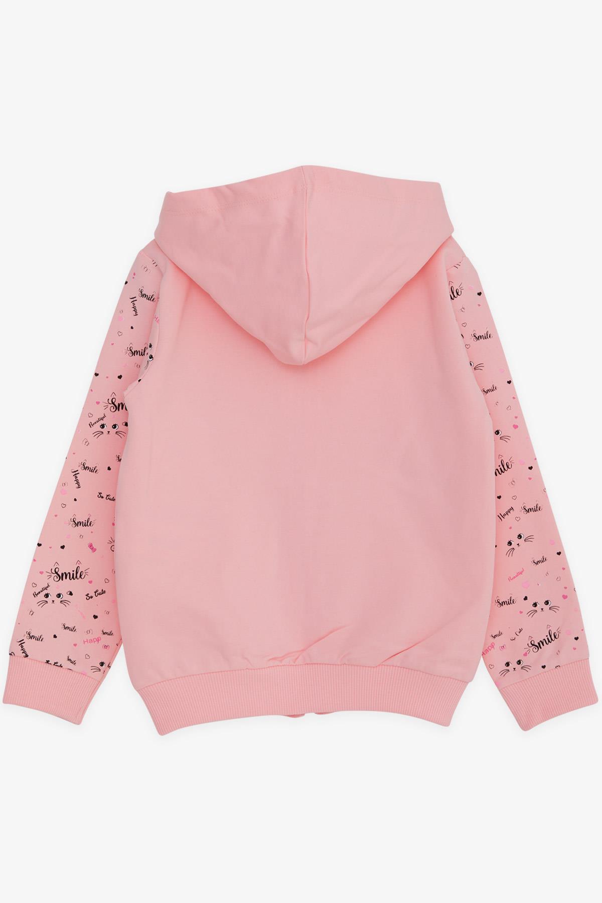 Breeze Kız Çocuk Kapüşonlu Hırka Kolları Desenli Kedicik Baskılı Pembe (1-4 Yaş)