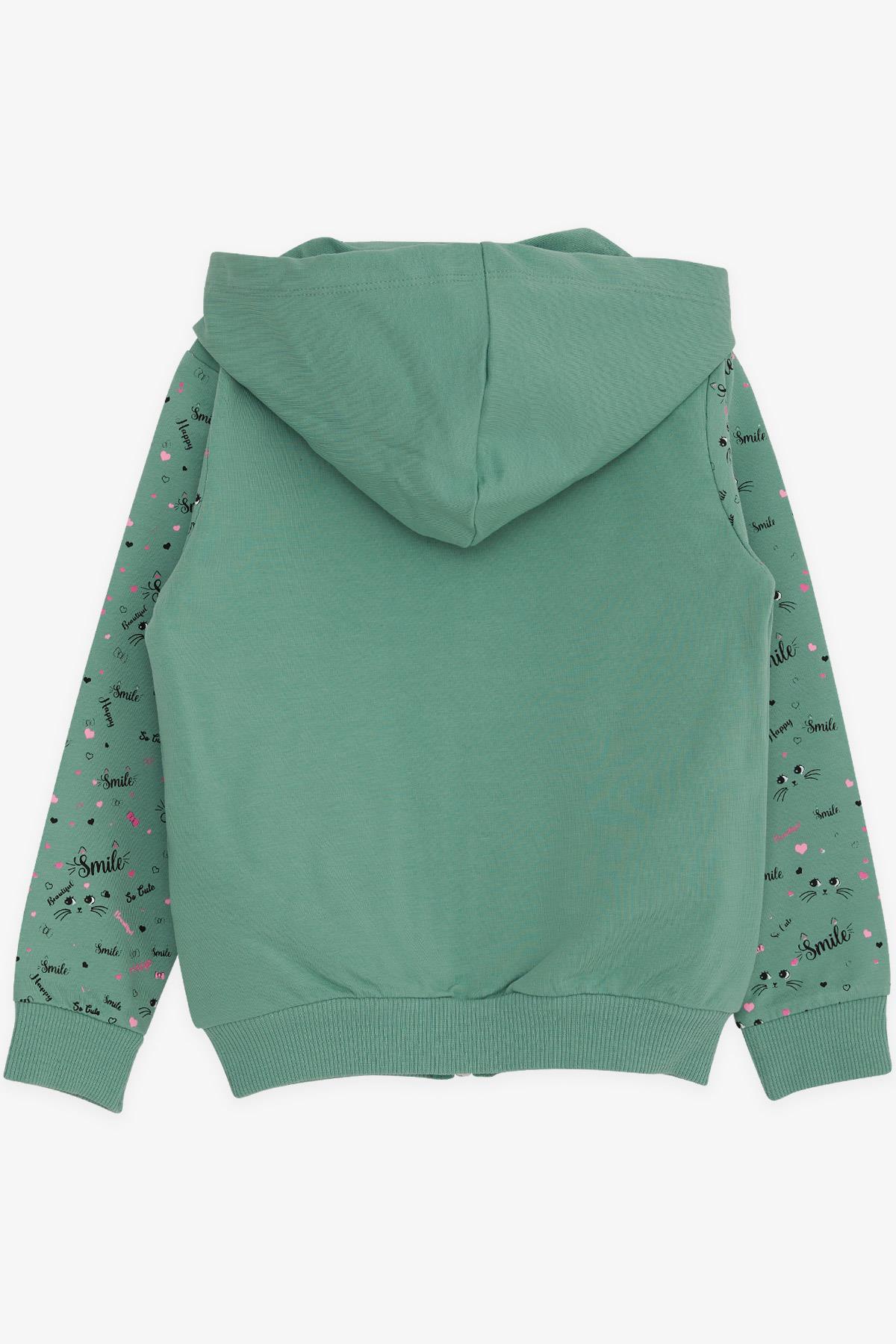 Breeze Kız Çocuk Kapüşonlu Hırka Kolları Desenli Kedicik Baskılı Mint Yeşili (1-4 Yaş)
