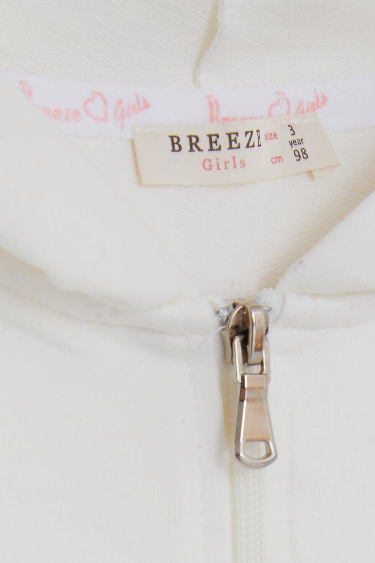 Breeze Kız Çocuk Kapüşonlu Hırka Kolları Desenli Kedicik Baskılı Ekru (1-4 Yaş)