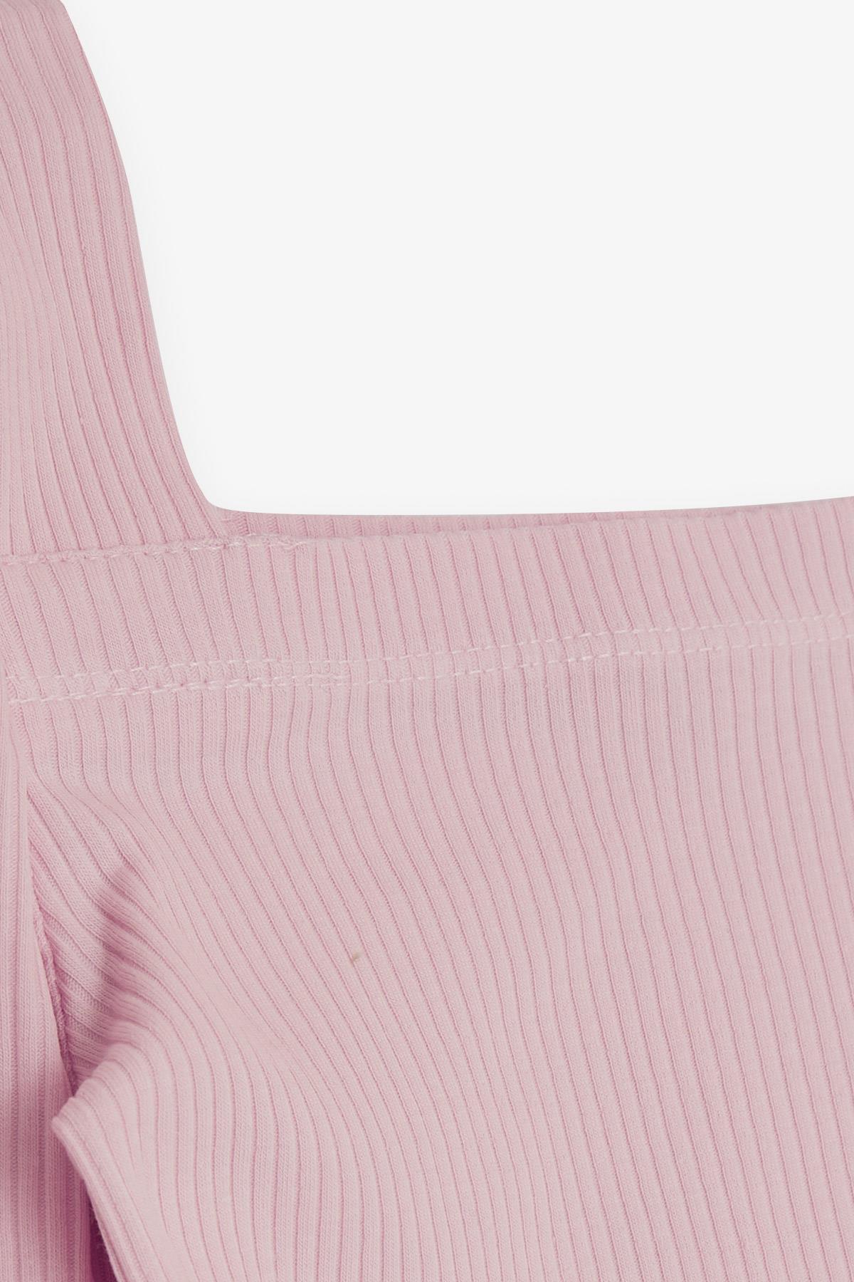 Breeze Kız Çocuk Kare Yaka Uzun Kollu Bluz Fitilli Crop Pembe (8-14 Yaş)