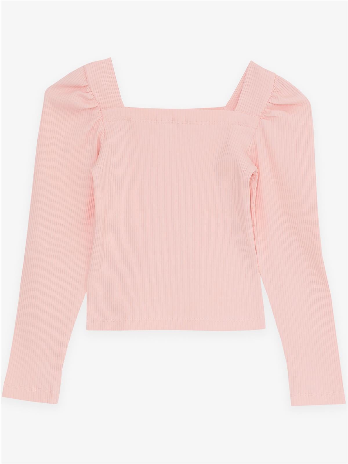 Breeze Kız Çocuk Kare Yaka Uzun Kollu Bluz Fitilli Crop Somon (8-14 Yaş)