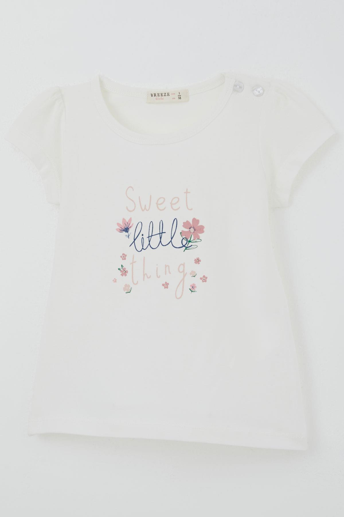 Breeze Kız Çocuk Kısa Kollu Taytlı Takım Çiçek Desenli Ekru (1.5-5 Yaş)