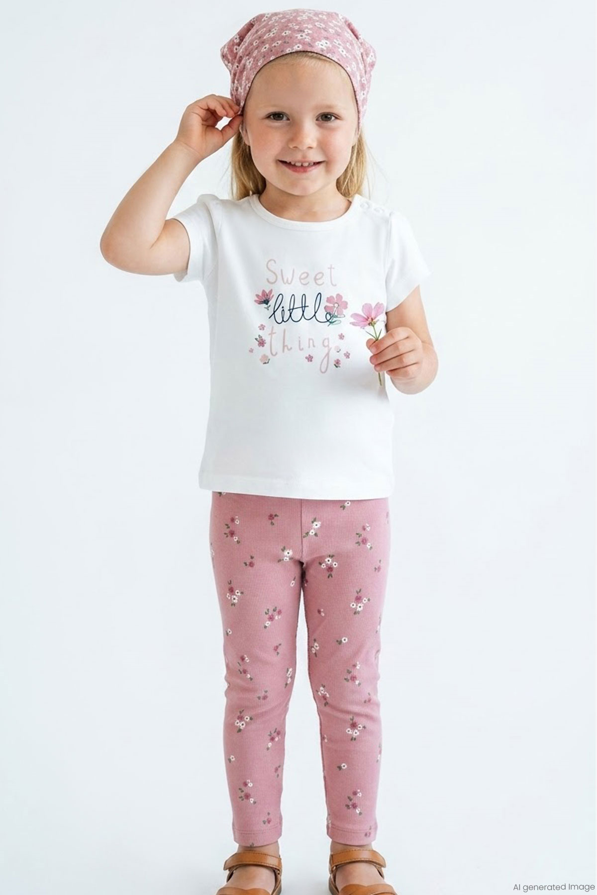 Breeze Kız Çocuk Kısa Kollu Taytlı Takım Çiçek Desenli Ekru (1.5-5 Yaş)
