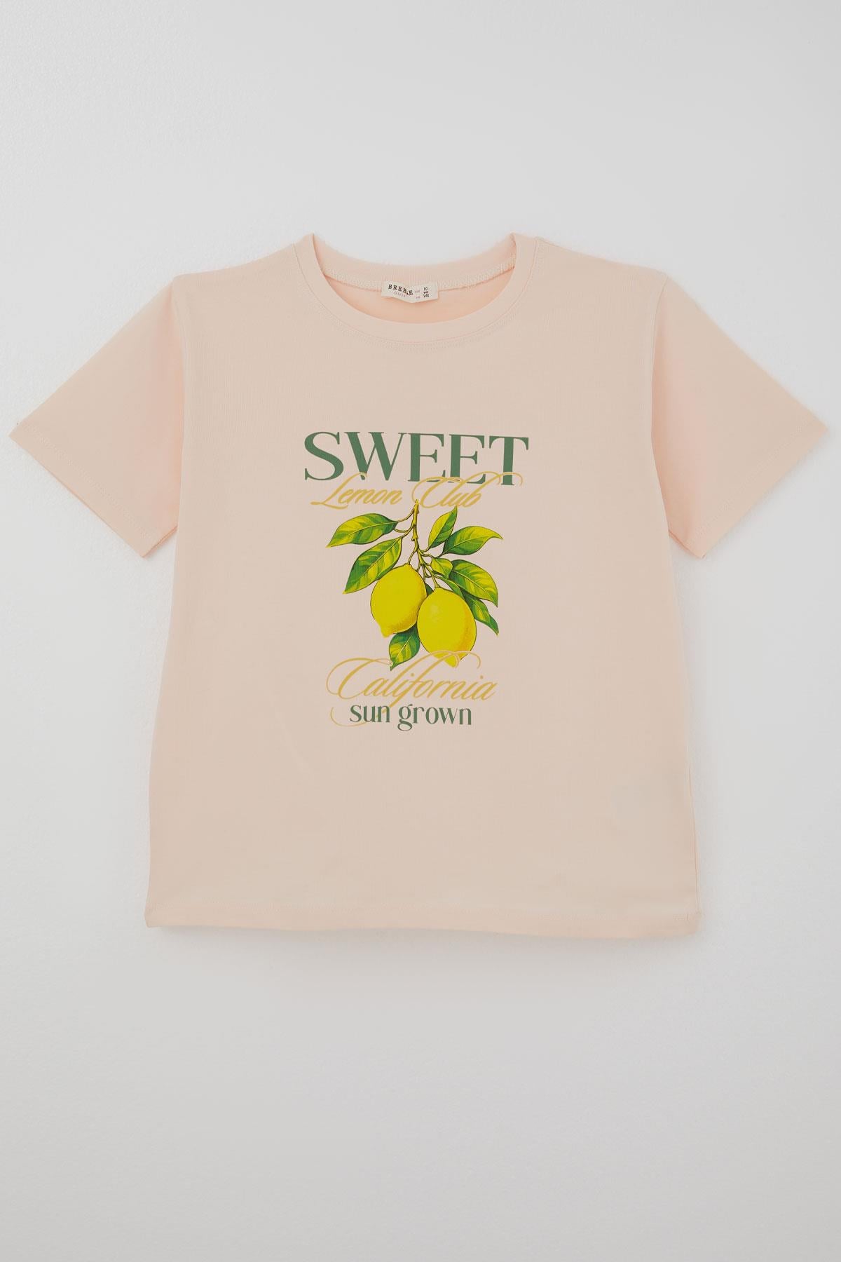 Breeze Kız Çocuk Kısa Kollu Tişört Limon Baskılı Pudra (9-14 Yaş)