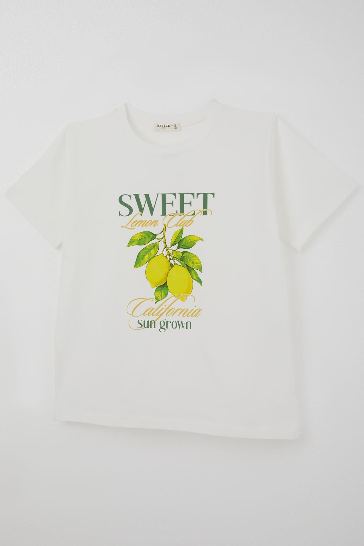 Breeze Kız Çocuk Kısa Kollu Tişört Limon Baskılı Ekru (9-14 Yaş)
