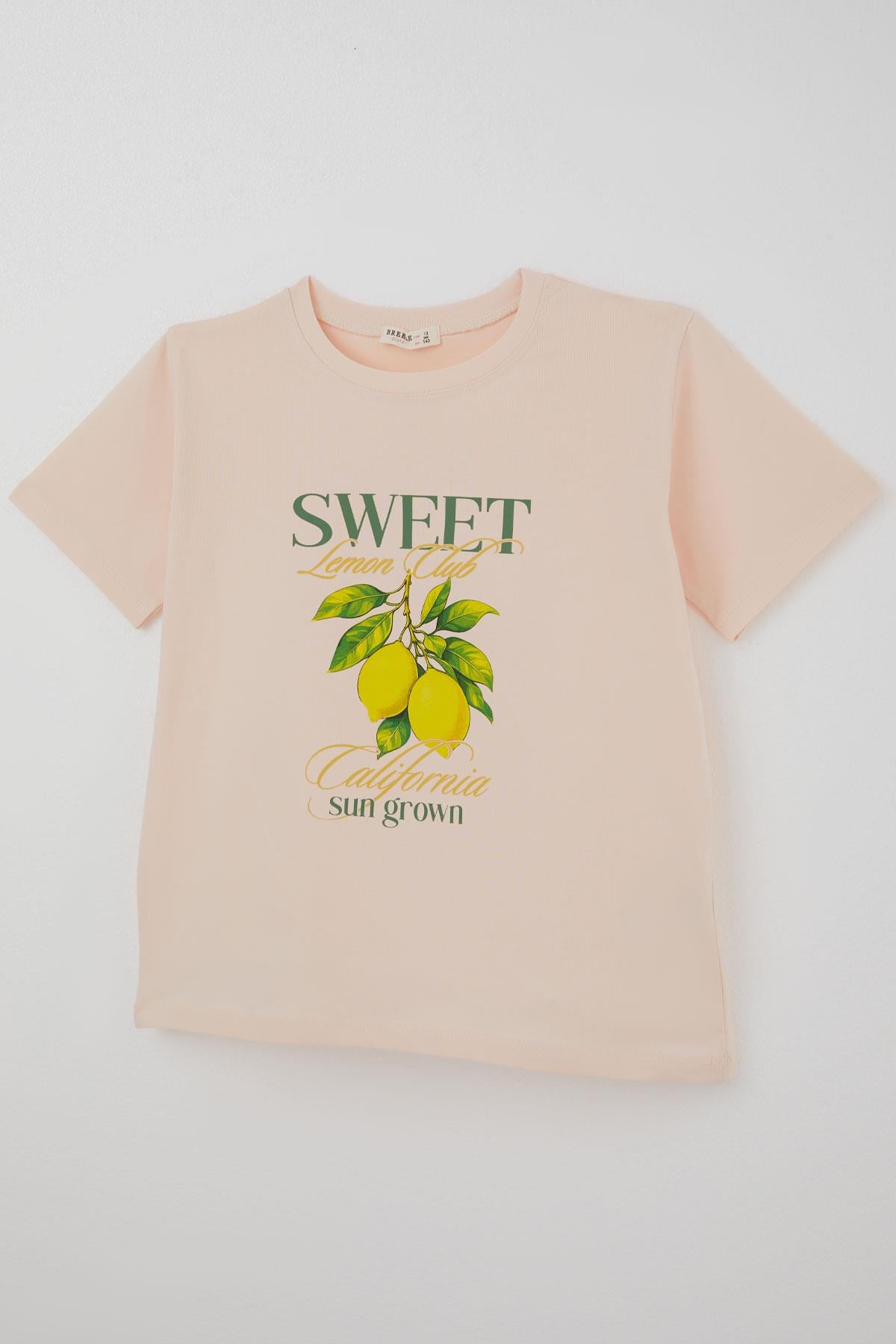 Breeze Kız Çocuk Kısa Kollu Tişört Limon Baskılı Pudra (9-14 Yaş)