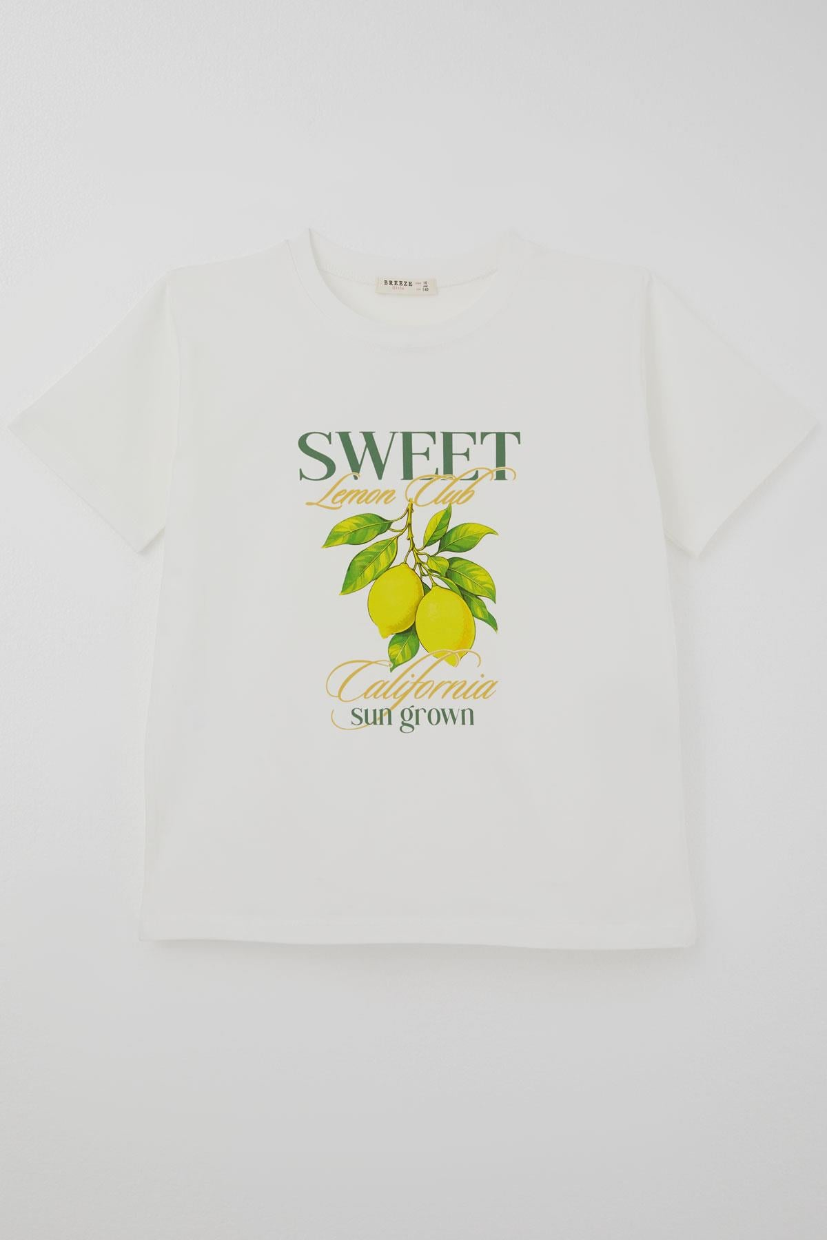 Breeze Kız Çocuk Kısa Kollu Tişört Limon Baskılı Ekru (9-14 Yaş)