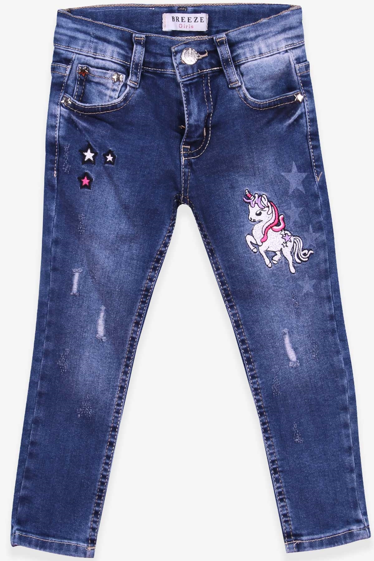 Breeze Kız Çocuk Kot Pantolon Nakışlı Unicorn Mavi (2-6 Yaş)