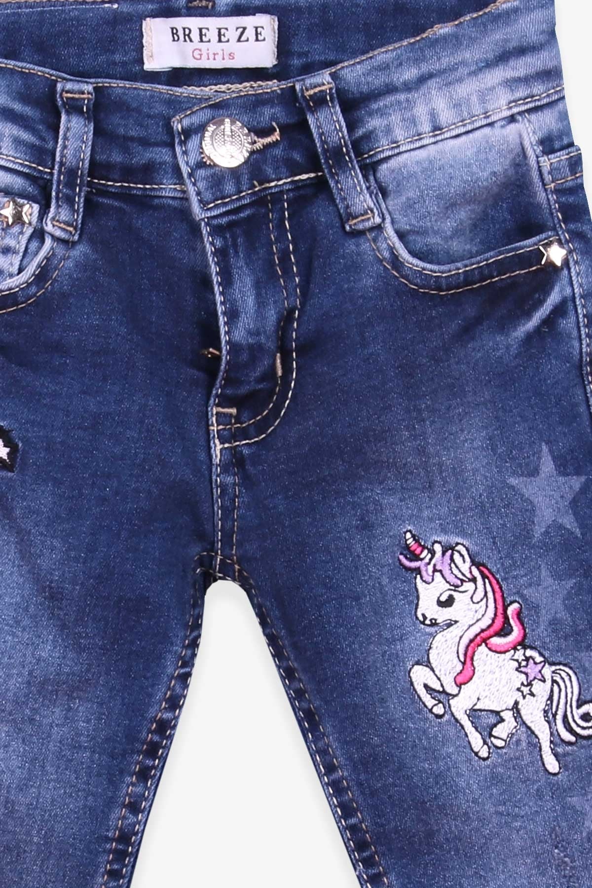 Breeze Kız Çocuk Kot Pantolon Nakışlı Unicorn Mavi (2-6 Yaş)