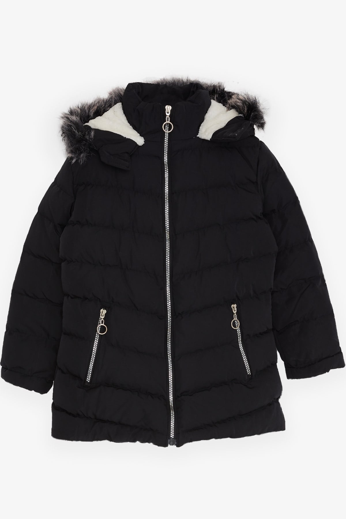 Breeze Kız Çocuk Mont Kürklü Fermuarlı Siyah (7-10 Yaş)