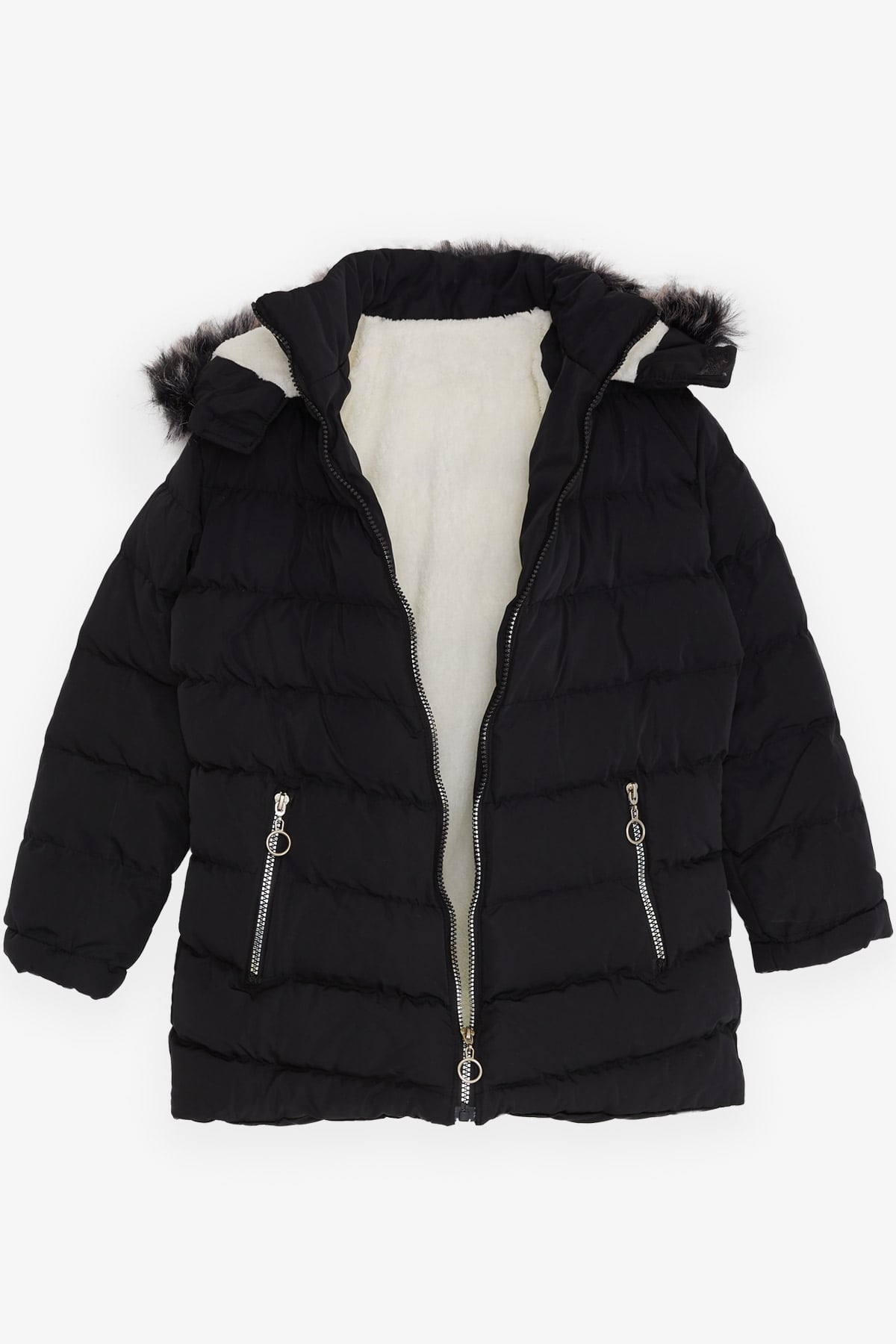 Breeze Kız Çocuk Mont Kürklü Fermuarlı Siyah (7-10 Yaş)