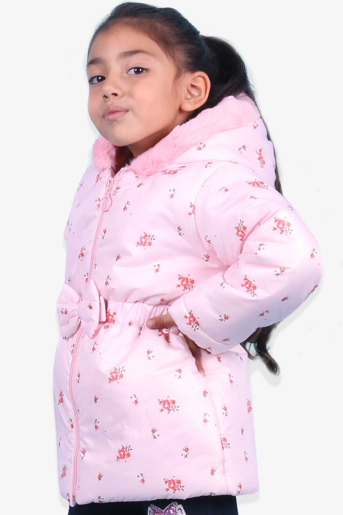 Breeze Kız Çocuk Mont Peluşlu Çiçek Desenli Pudra (1-4 Yaş)