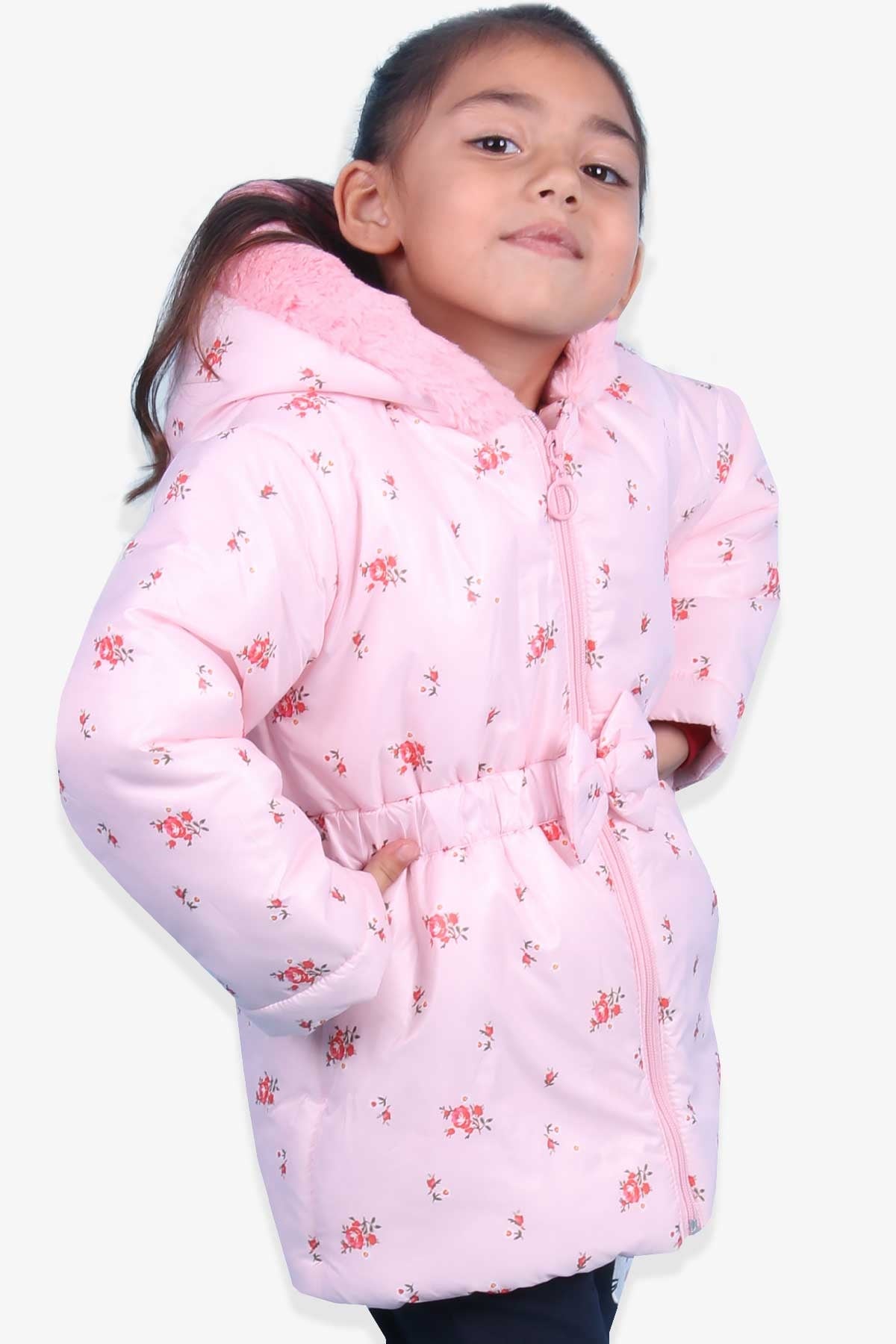 Breeze Kız Çocuk Mont Peluşlu Çiçek Desenli Pudra (1-4 Yaş)