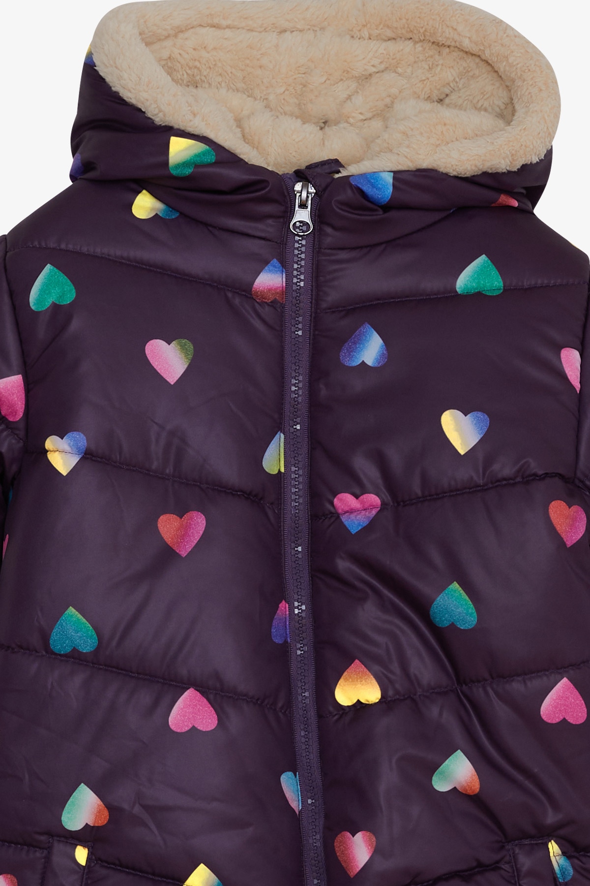 Breeze Kız Çocuk Mont Renkli Kalp Desenli Mor (2-5 Yaş)