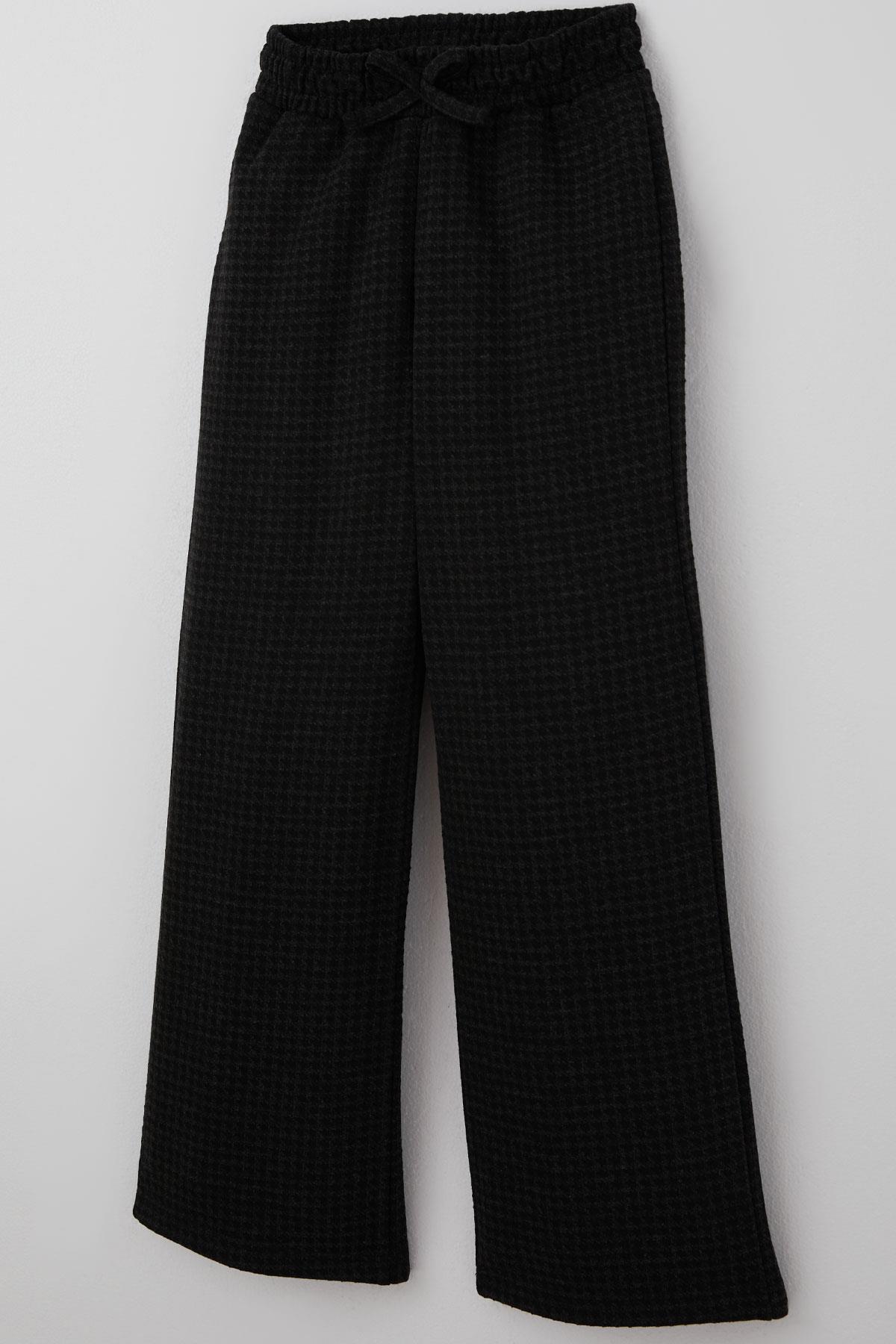 Breeze Kız Çocuk Pantolon Kazayağı Desenli Fiyonk Aksesuarlı Siyah (8-12 Yaş)