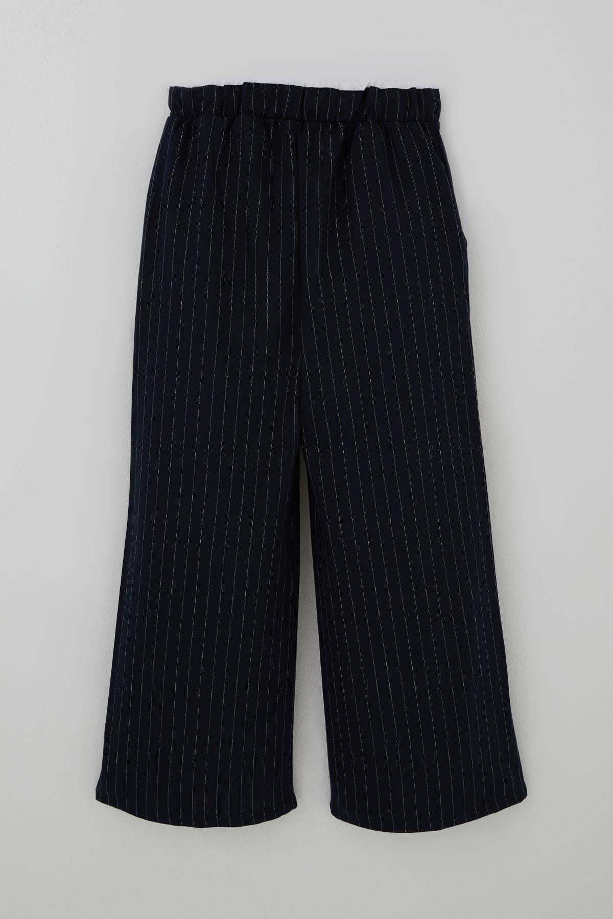 Breeze Kız Çocuk Pantolon Pinstripe Çizgili Çift Bel Detaylı Lacivert (8-14 Yaş)